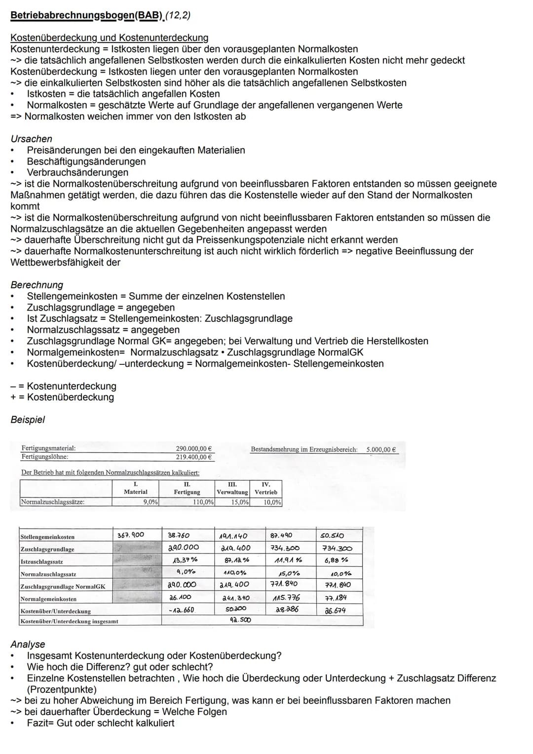 Betriebabrechnungsbogen (BAB), (12,2)
= tabellarische Form der Kostenstellenrechnung
Kostenstellenrechnung = erfasst die Gemeinkostenarten a