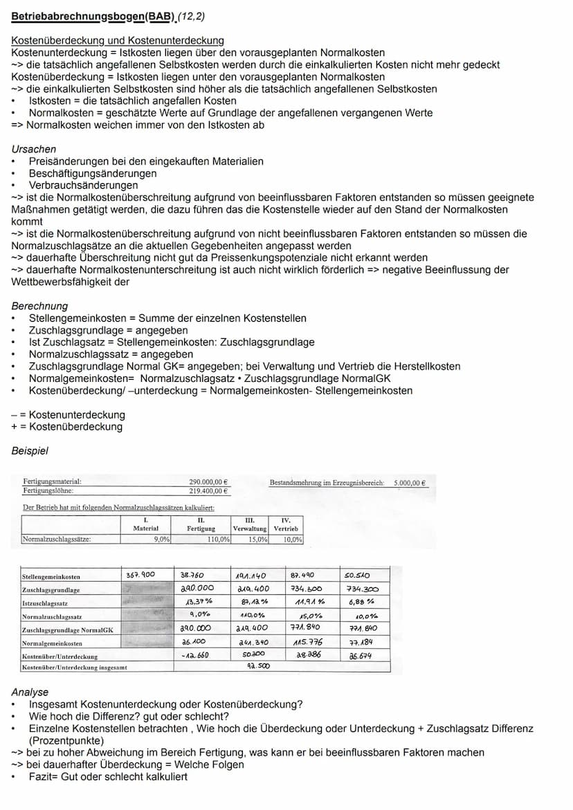 Betriebabrechnungsbogen (BAB), (12,2)
= tabellarische Form der Kostenstellenrechnung
Kostenstellenrechnung = erfasst die Gemeinkostenarten a