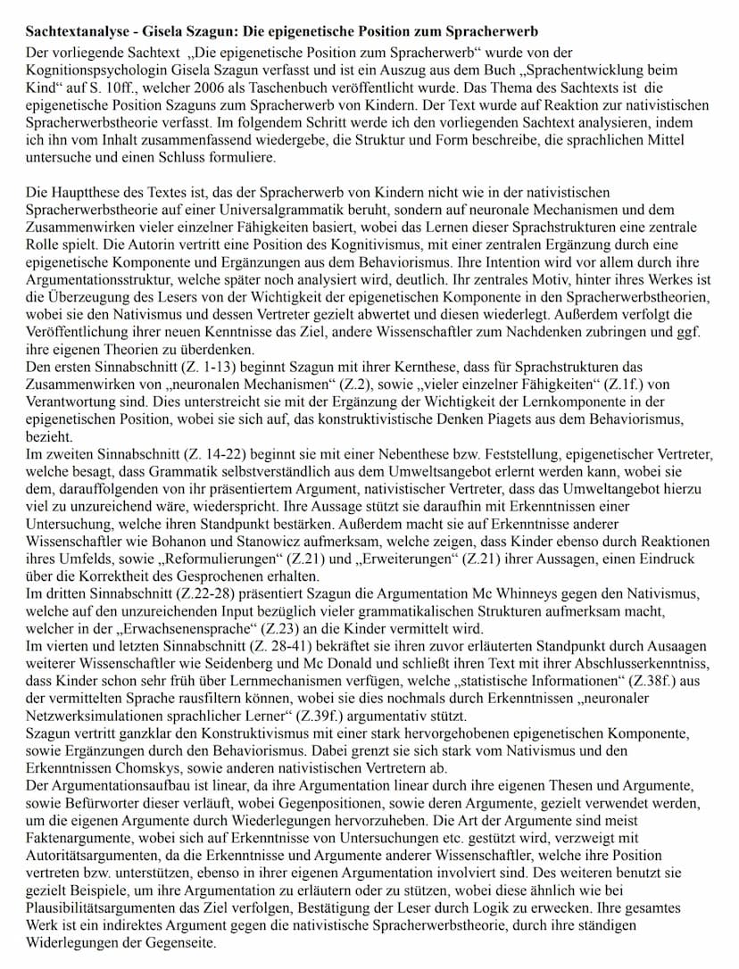 Sachtextanalyse - Gisela Szagun: Die epigenetische Position zum Spracherwerb
Der vorliegende Sachtext ,,Die epigenetische Position zum Sprac
