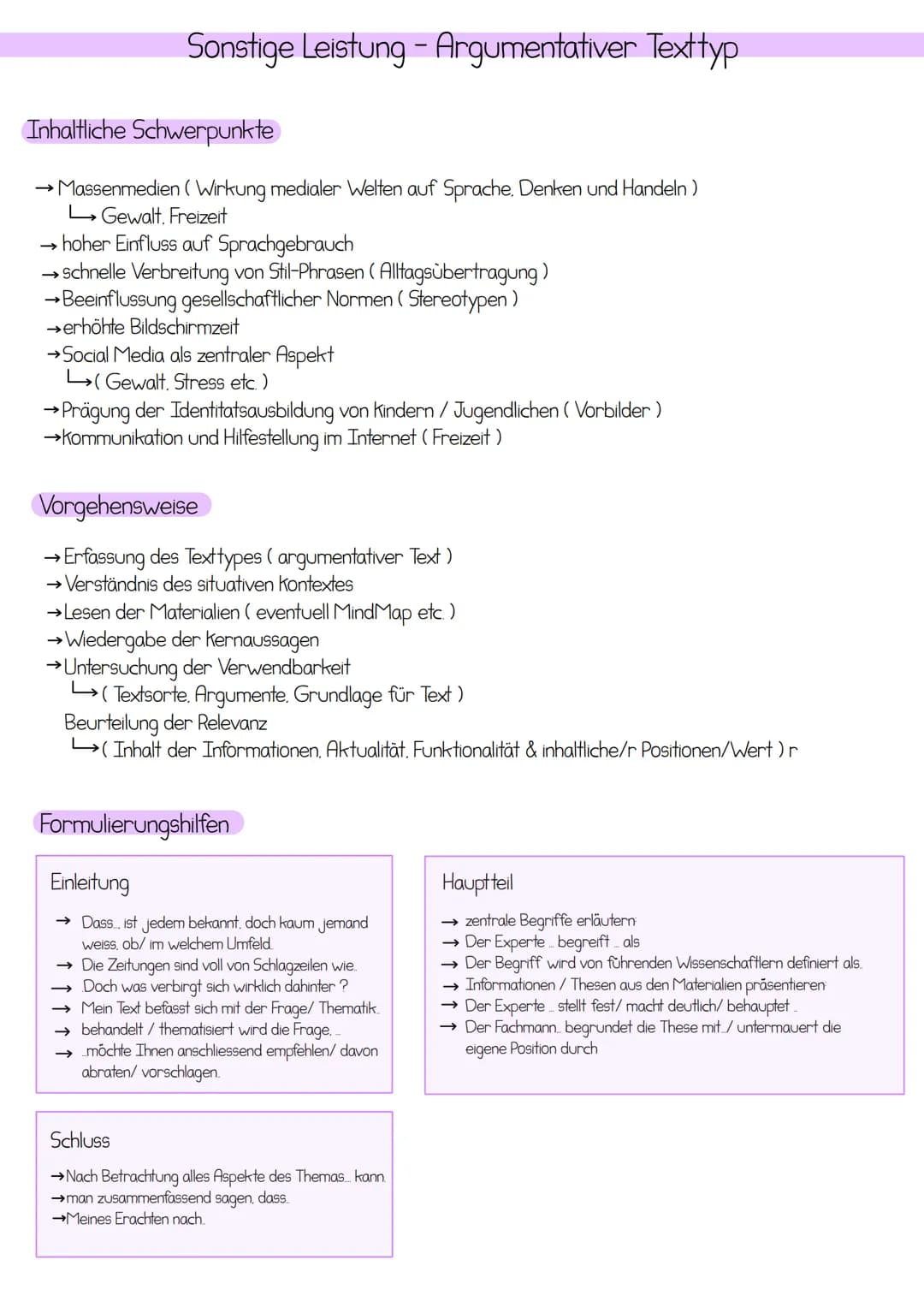 Sonstige Leistung - Argumentativer Text typ
Inhaltliche Schwerpunkte
› Massenmedien ( Wirkung medialer Welten auf Sprache, Denken und Handel