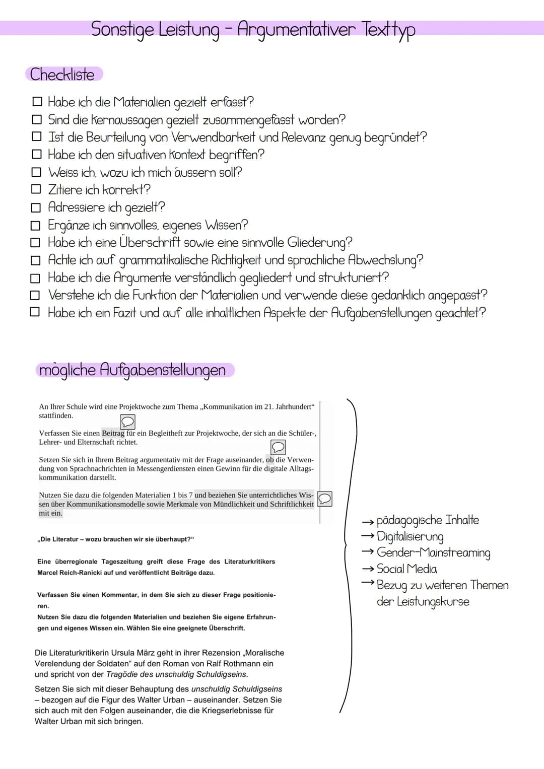 Sonstige Leistung - Argumentativer Text typ
Inhaltliche Schwerpunkte
› Massenmedien ( Wirkung medialer Welten auf Sprache, Denken und Handel