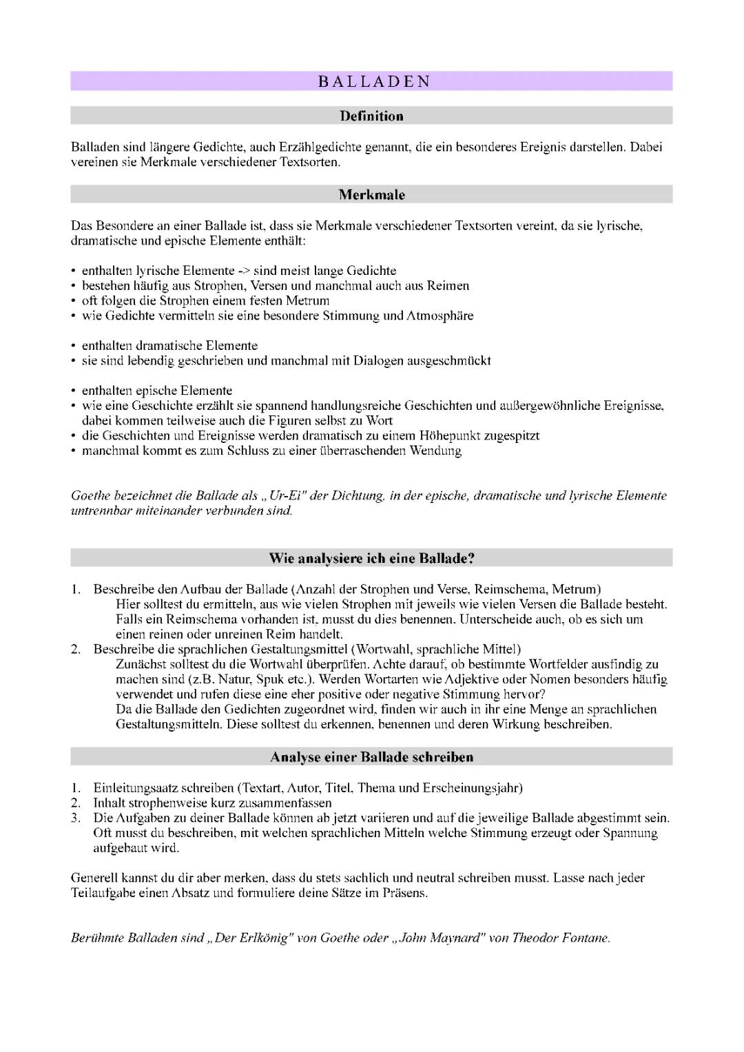 Ballade analysieren Klasse 7: Merkmale und Lösungen leicht erklärt