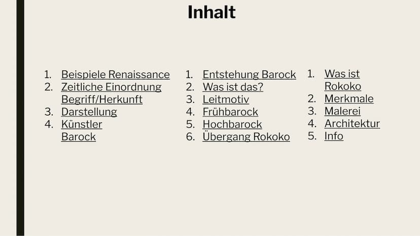 KUNST
PRÄSENTATION!
Leonie Silas Sonja 1. Beispiele Renaissance
2. Zeitliche Einordnung
Begriff/Herkunft
3. Darstellung
4. Künstler
Barock
I