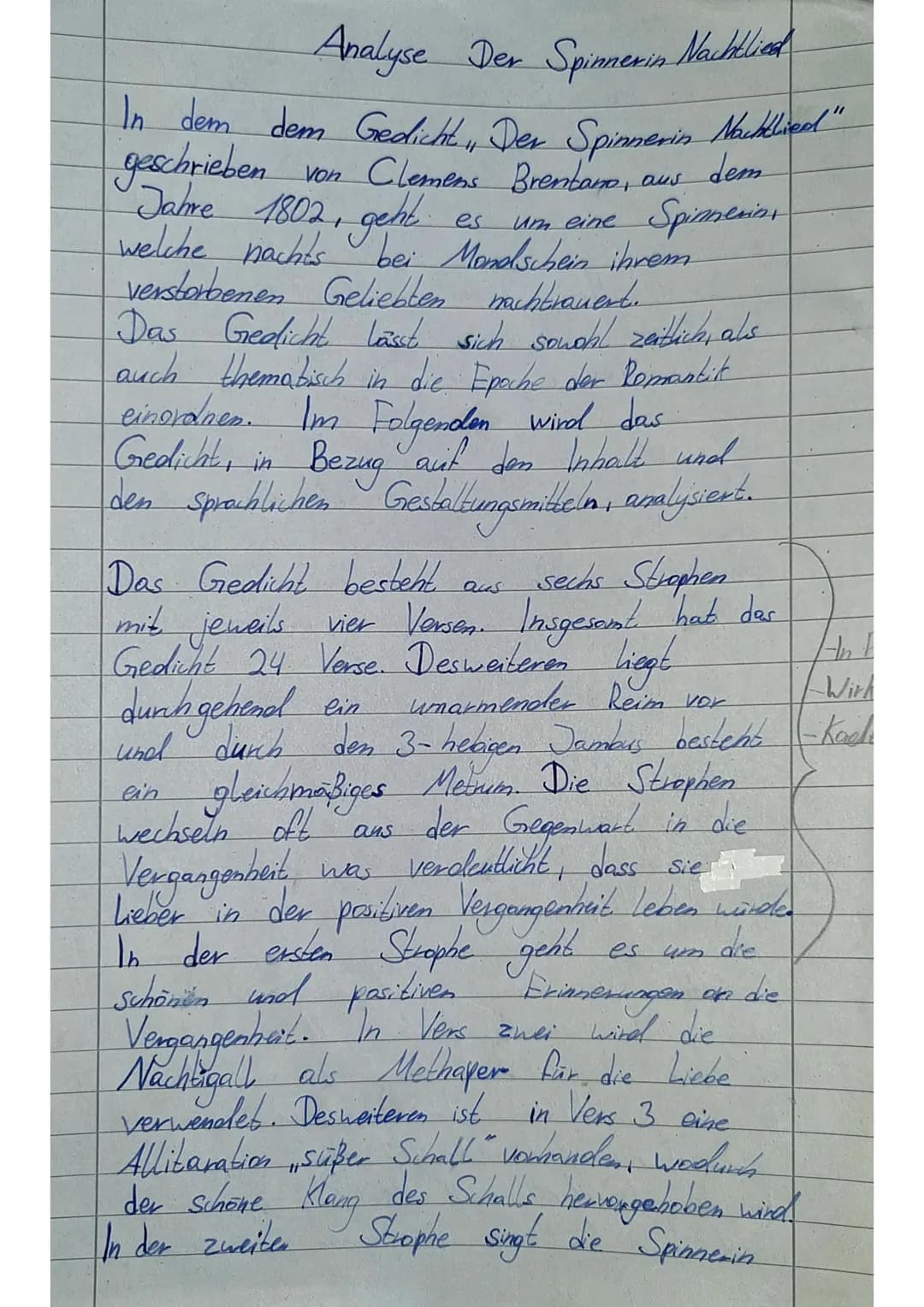 Analyse Der Spinner in Nauthlied
In dem dem Gedicht, Der Spinnerin Nachklied"
geschrieben
von Clemens Brentano, aus dem
Jahre 1802, geht.
um