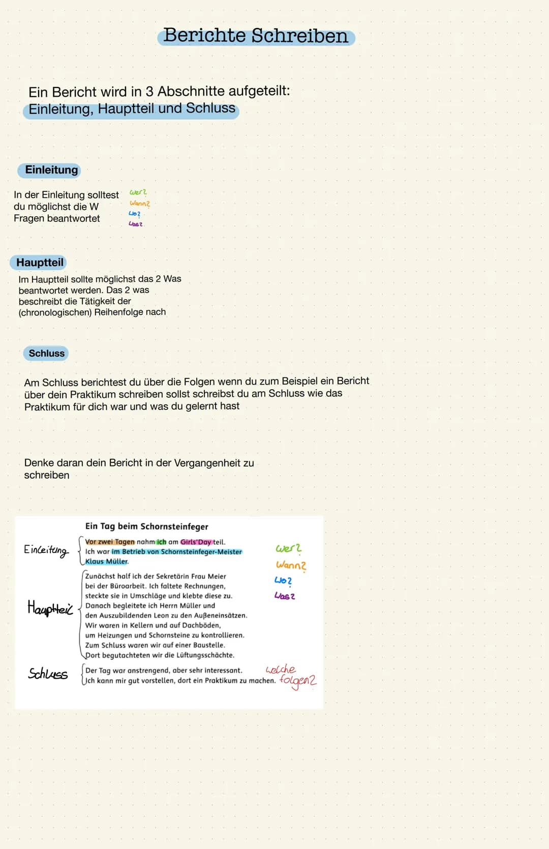 Ein Bericht wird in 3 Abschnitte aufgeteilt:
Einleitung, Hauptteil und Schluss
Einleitung
In der Einleitung solltest
du möglichst die W
Frag