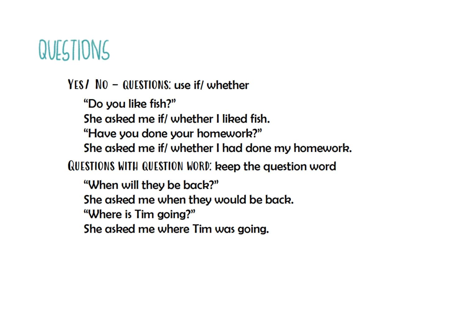 direct & indirect speech
INTRODUCTION IN THE PRESENT TENSE
No changes oft the tenses, some changes in the pronouns
He says: "I am going home