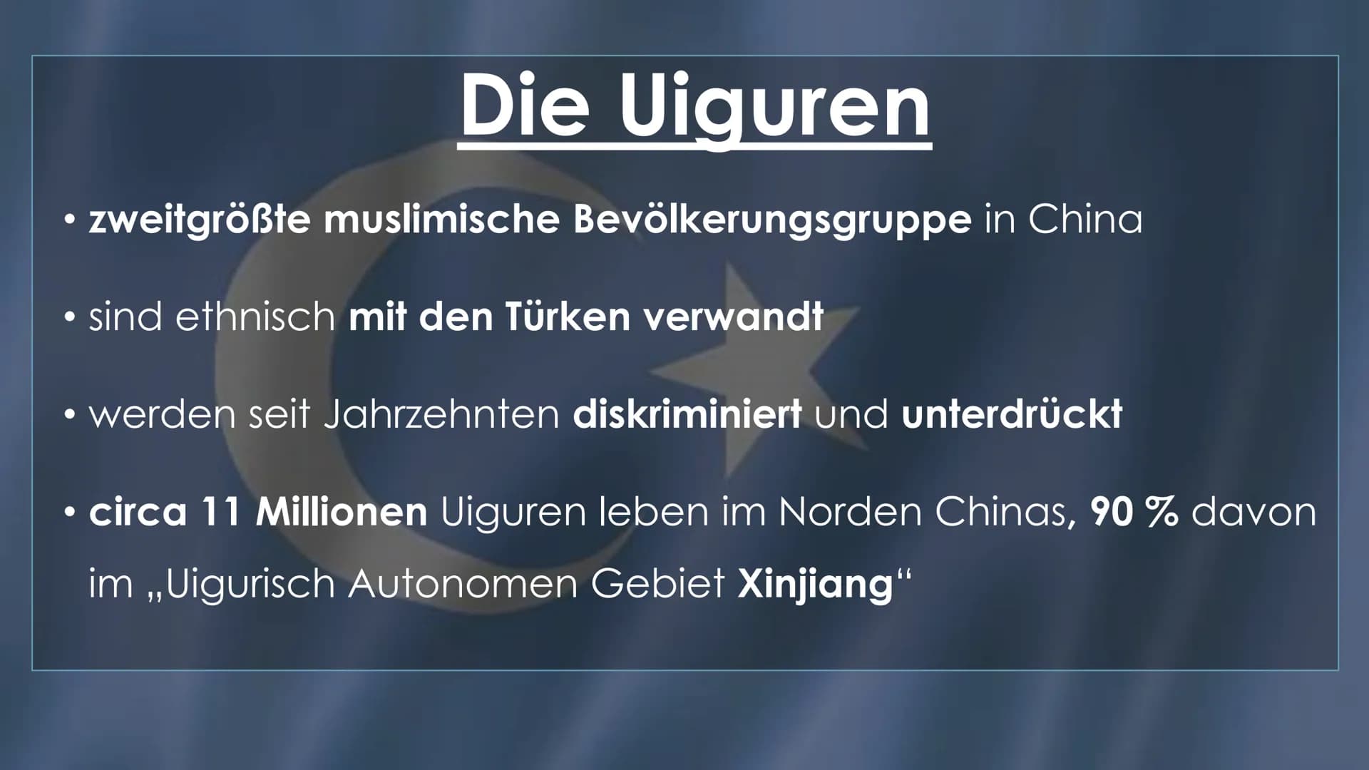 TOCAD
22
职业学中心
45
@
Die Uiguren
Eine unterdrückte, muslimische
Minderheit in China ●
●
Gliederung
●
• Der Xinjiang-Konflikto
Aus Sicht der U