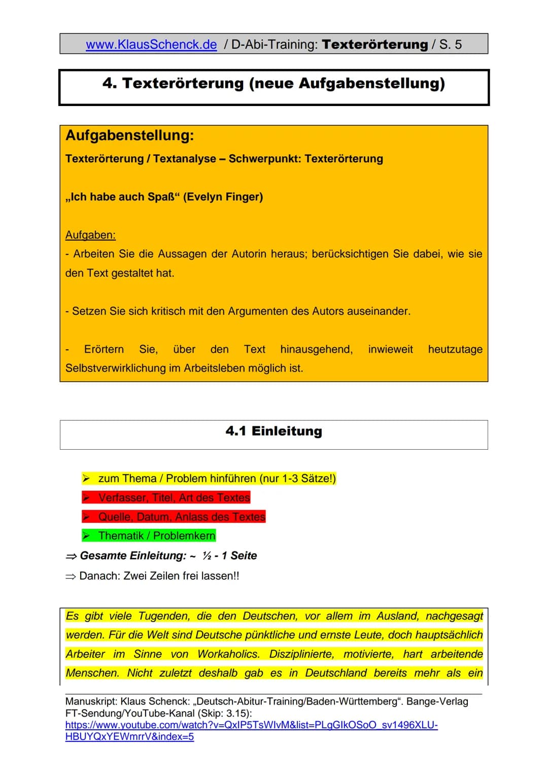 www.KlausSchenck.de / D-Abi-Training: Texterörterung / S. 1
Texterörterung (Aufgabe V)
Was sind die Anforderungen einer Texterörterung auch 