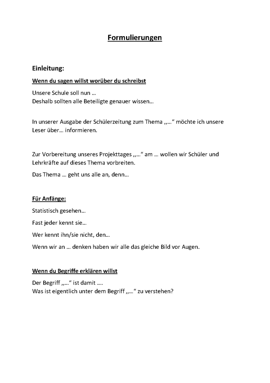 Formulierungshilfen für Informierenden Text