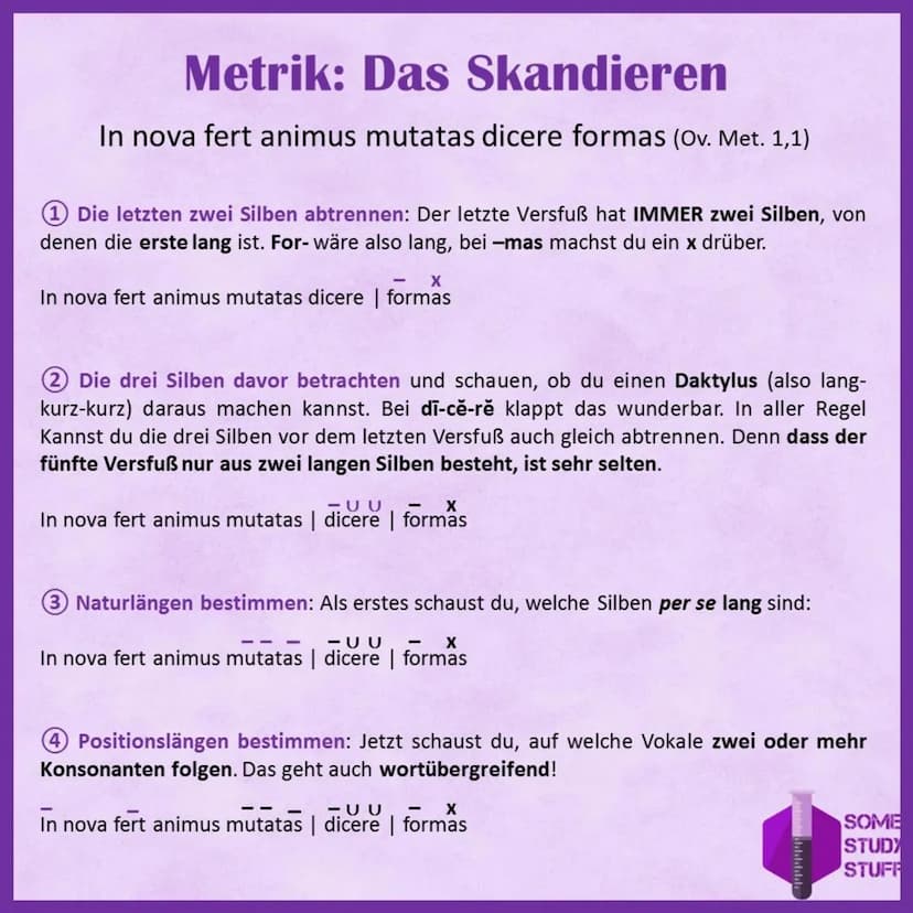 Metrik: Der Hexameter
1|25|-|-|-|25
So sieht ein Hexameter aus. Dabei symbolisiert - eine Länge und U eine Kürze. Der Akzent symbolisiert
de