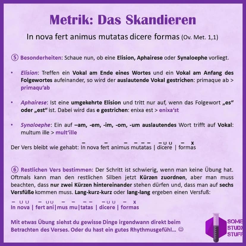 Metrik: Der Hexameter
1|25|-|-|-|25
So sieht ein Hexameter aus. Dabei symbolisiert - eine Länge und U eine Kürze. Der Akzent symbolisiert
de