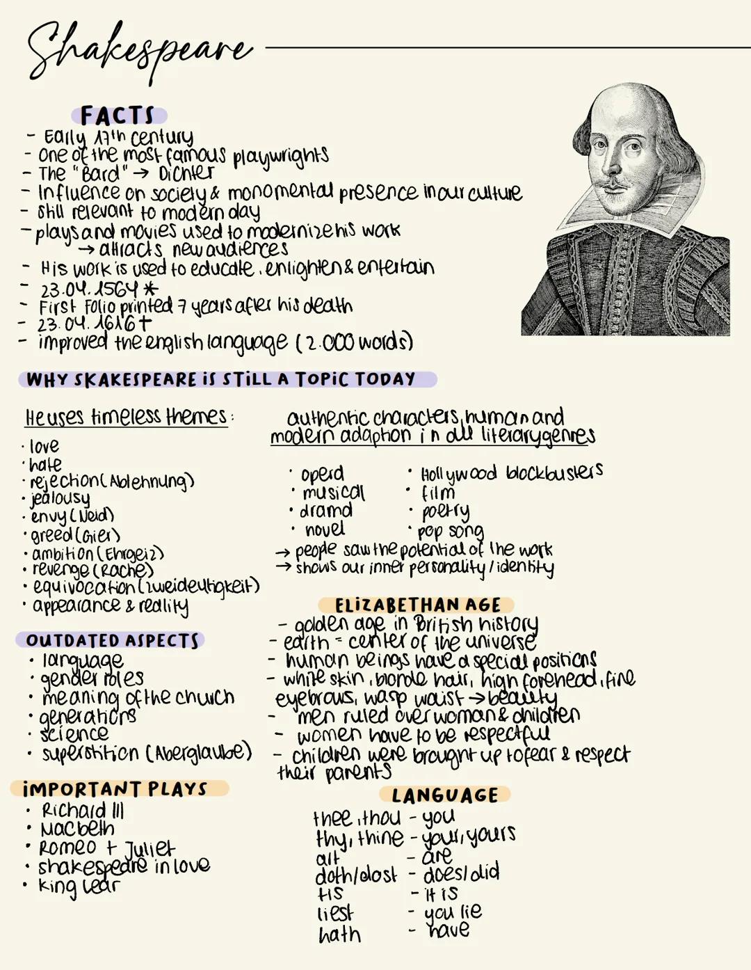 Shakespeare
FACTS
- Early 17th century
one of the most famous playwrights
The "Bard"→ Dichter
- Influence on society & monomental presence i
