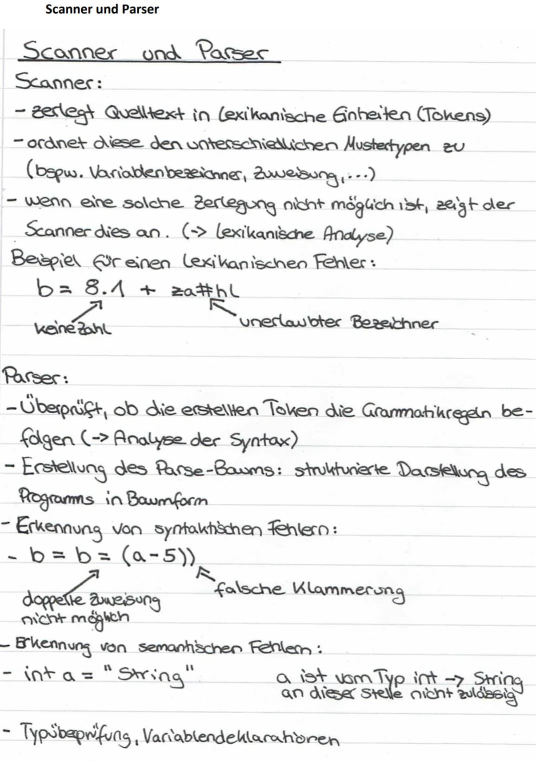 Scanner und Parser
Scanner und Parser
Scanner:
- zerlegt Quelltext in lexikanische Einheiten (Tokens)
-ordnet diese den unterschiedlichen Mu