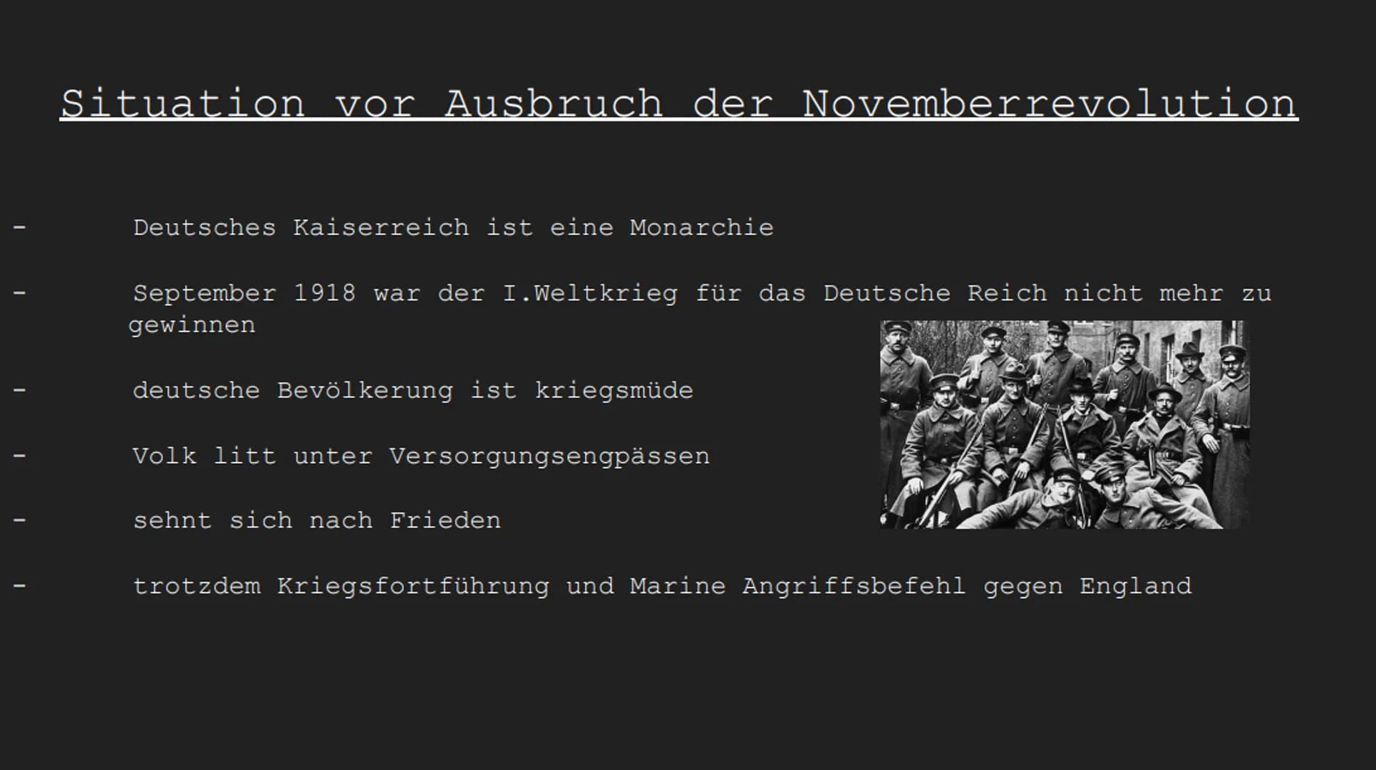 Novemberrevolution
und ihre Ergebnisse I
I
Gliederung
Situation vor dem Ausbruch der Novemberrevolution
Der 9. November 1918
Situation nach 