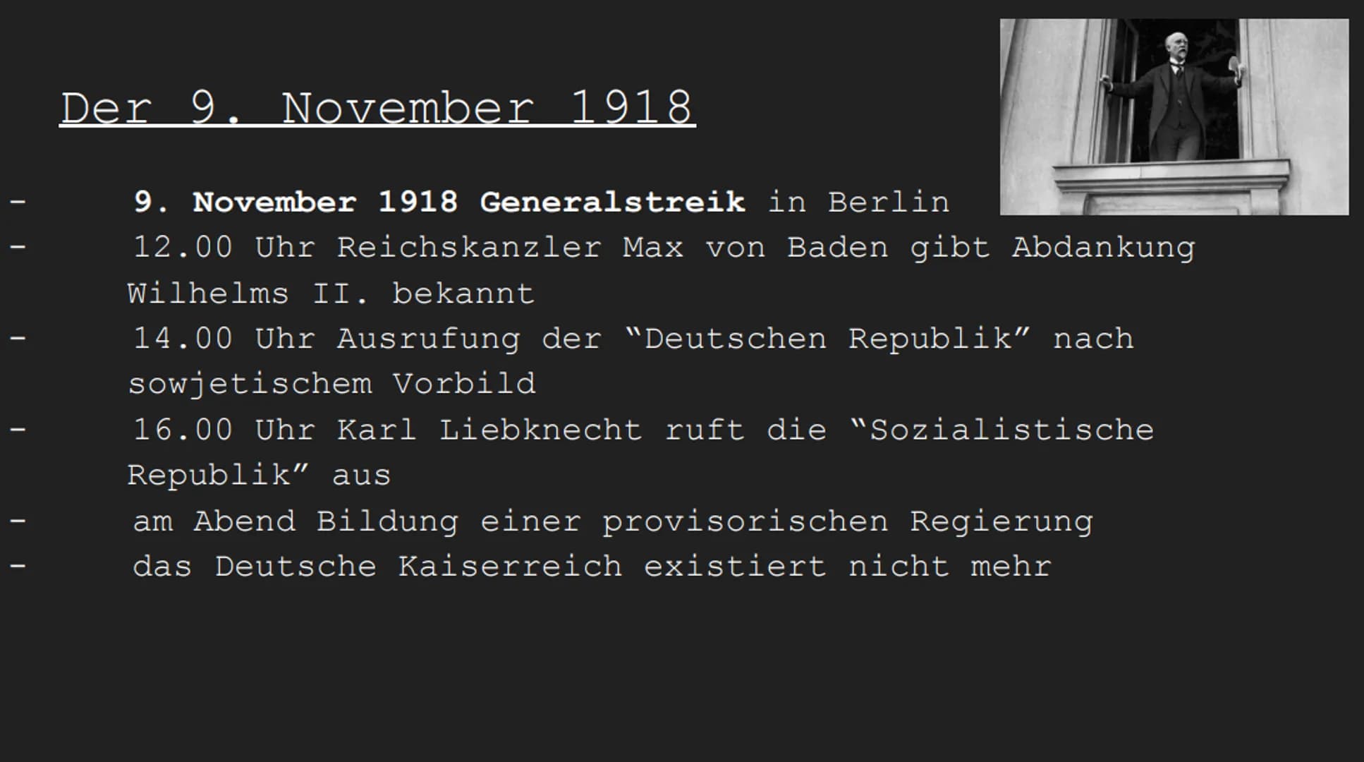 Novemberrevolution
und ihre Ergebnisse I
I
Gliederung
Situation vor dem Ausbruch der Novemberrevolution
Der 9. November 1918
Situation nach 