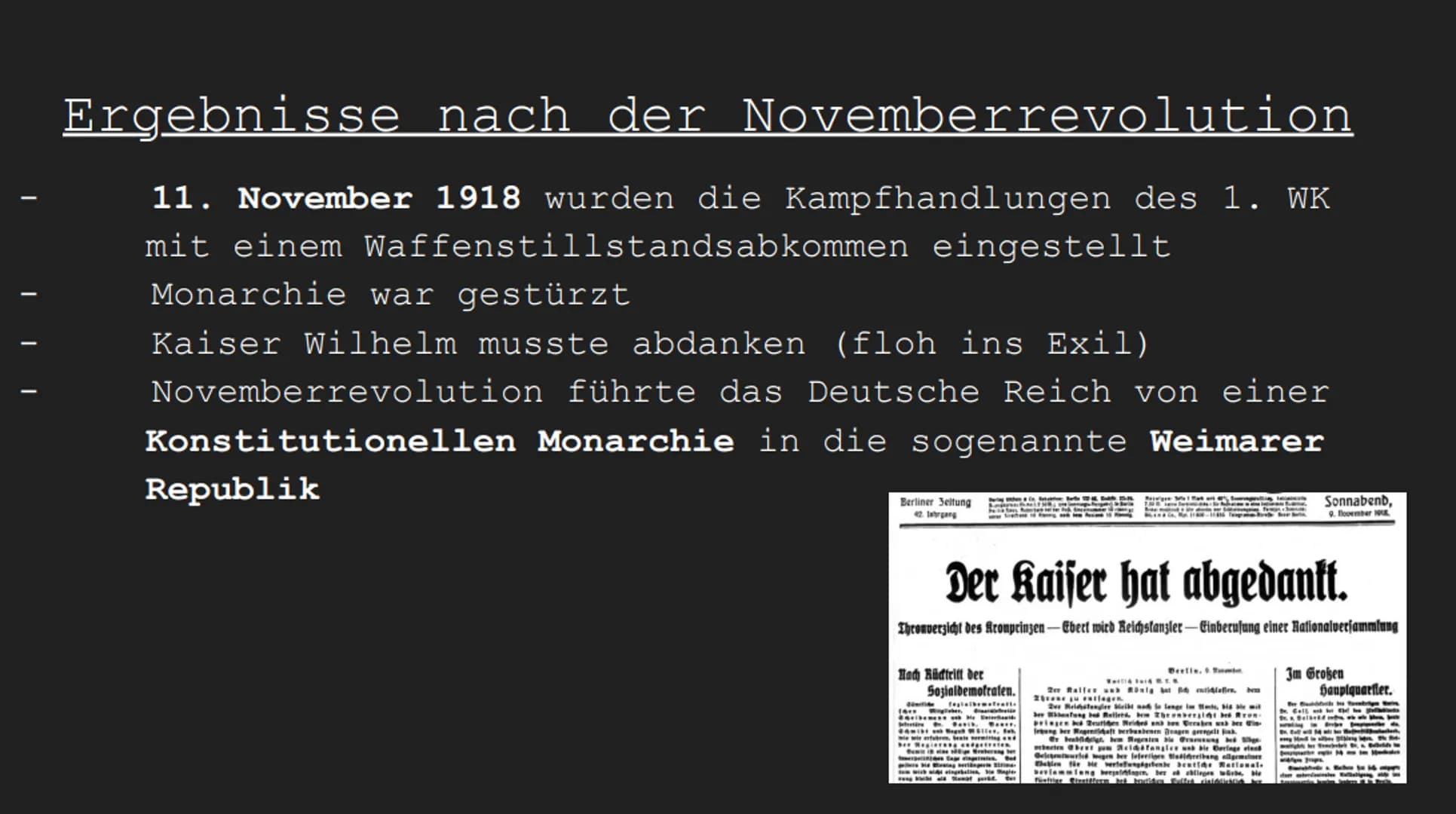 Novemberrevolution
und ihre Ergebnisse I
I
Gliederung
Situation vor dem Ausbruch der Novemberrevolution
Der 9. November 1918
Situation nach 