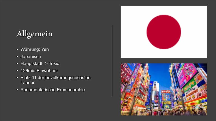 Japan
Selen Can
Herr Pfeifer
10A
Erdkunde Gliederung
1. Allgemein
2. Geografie
3. Klima
4.
5.
6.
7.
8.
9.
10. Verhaltensregeln
11. Top8 Sehe