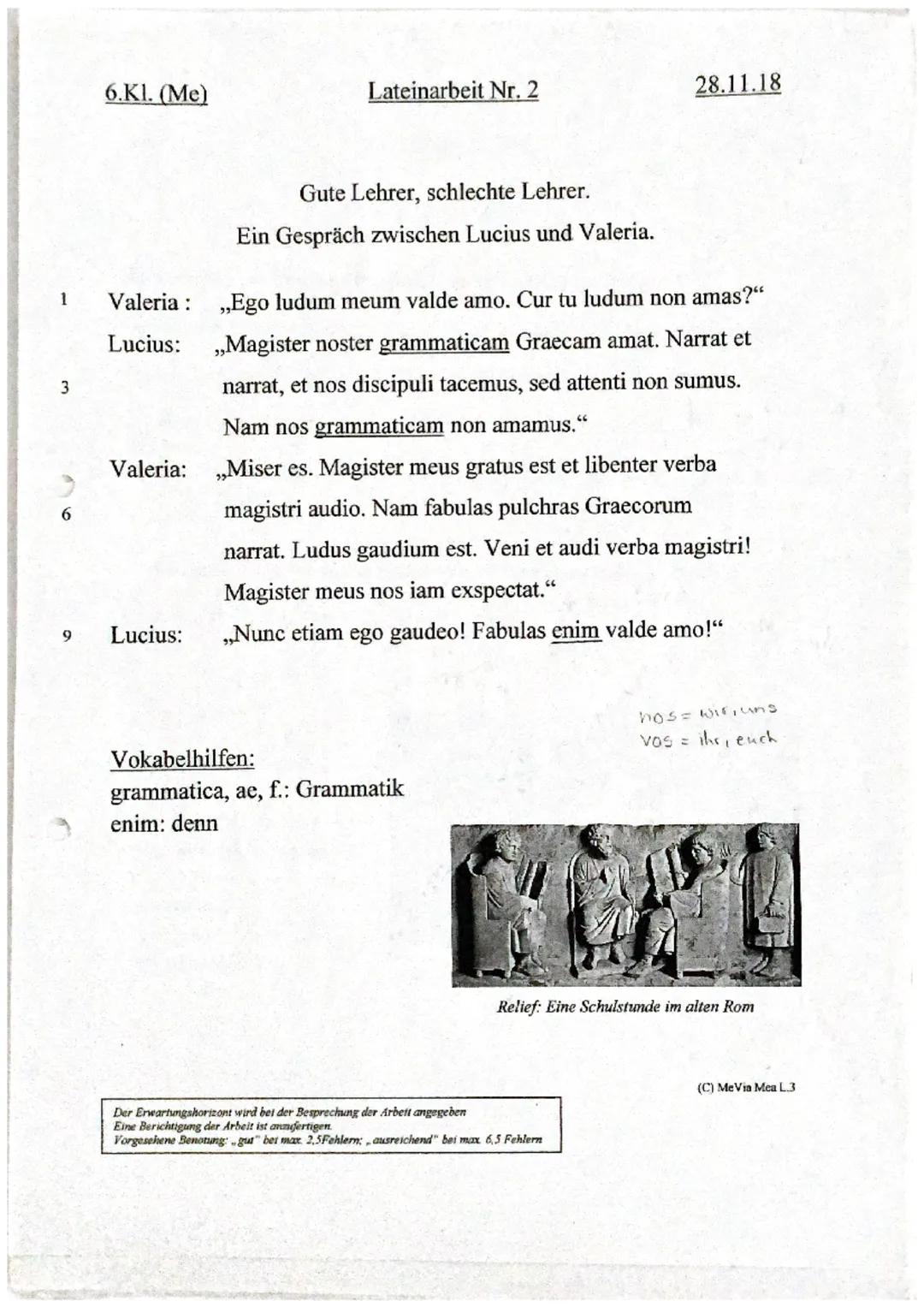 6.Kl. (Me)
Lateinarbeit Nr.1
17.10.18

Alle Lösungen müssen ins Arbeitsheft geschrieben werden!!!

1.) Übersetze folgende Sätze ins Deutsche
