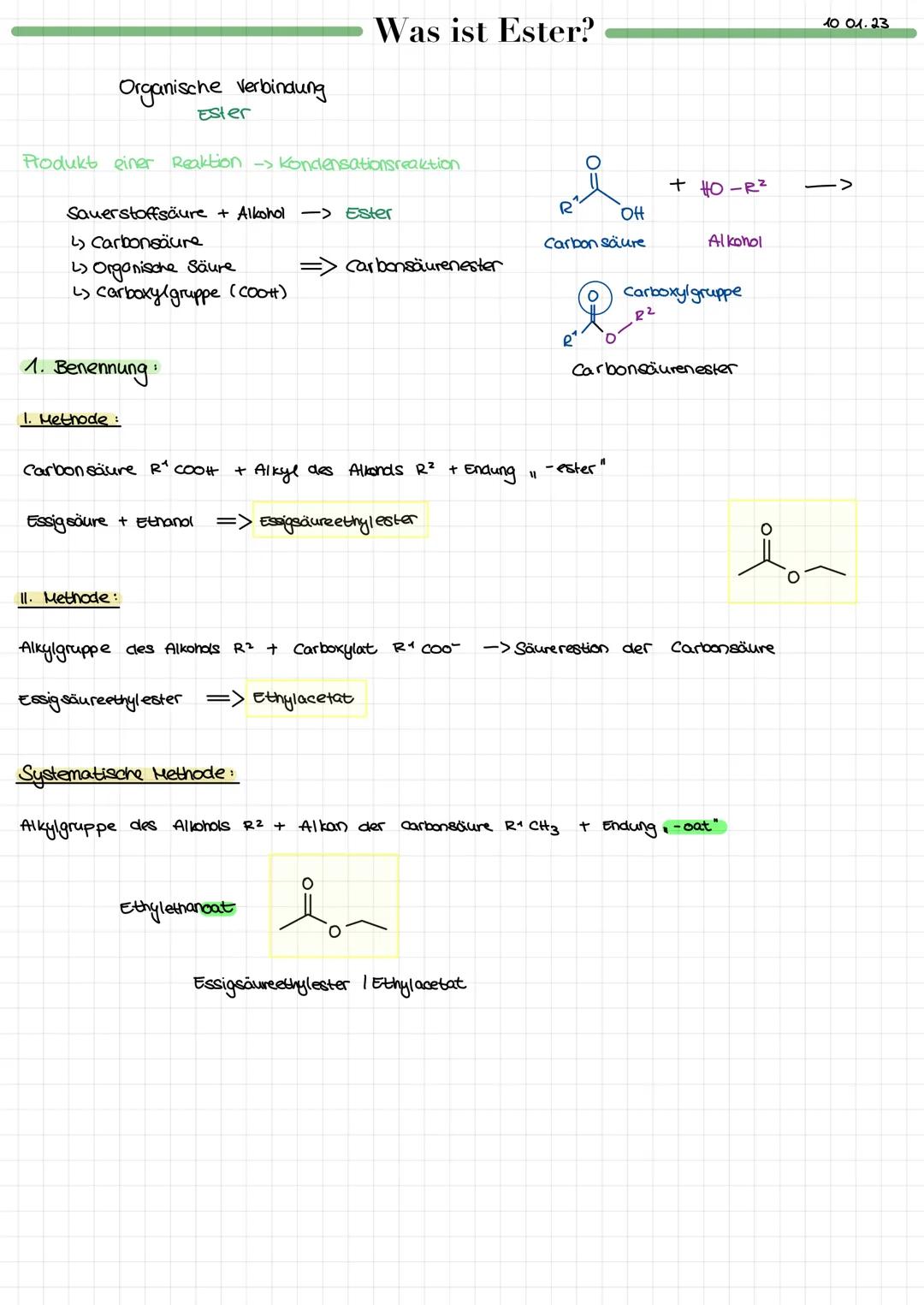 # Was ist Ester?
10 01.23
Organische Verbindung
ESTER
Produkt einer Reaktion kondensationsreaktion
Sauerstoffsäure + Alkohol -> Ester

+ HO-