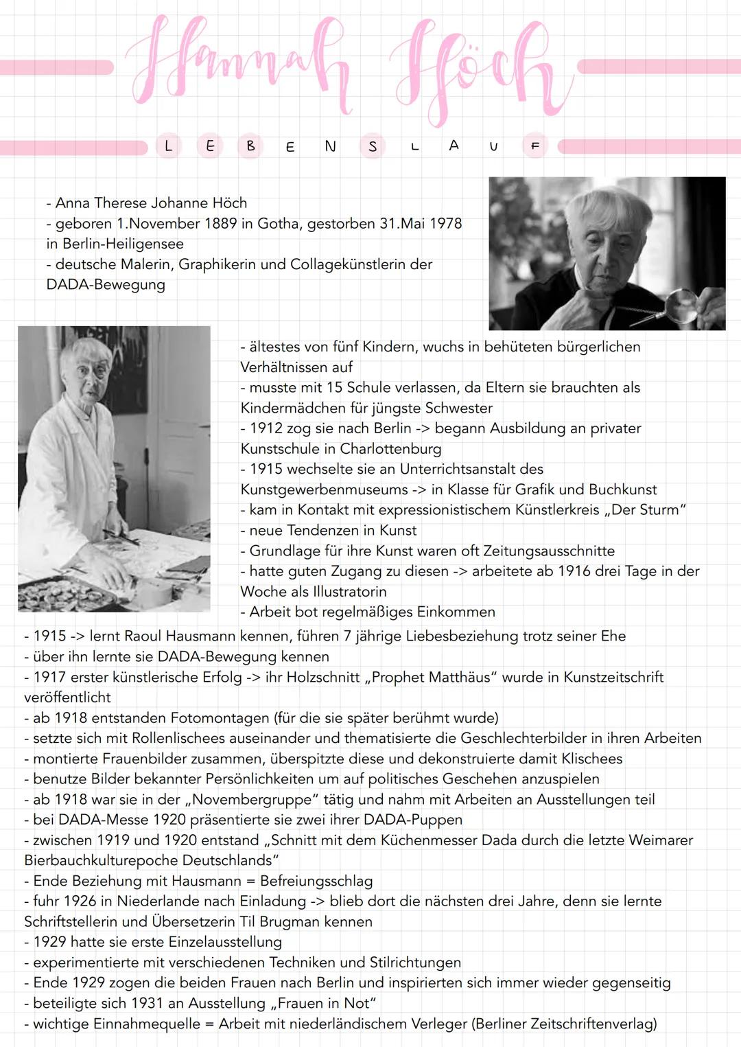 Hannah Hoch
L
E
B
E N S LAUF
- Anna Therese Johanne Höch
- geboren 1.November 1889 in Gotha, gestorben 31.Mai 1978
in Berlin-Heiligensee
- d