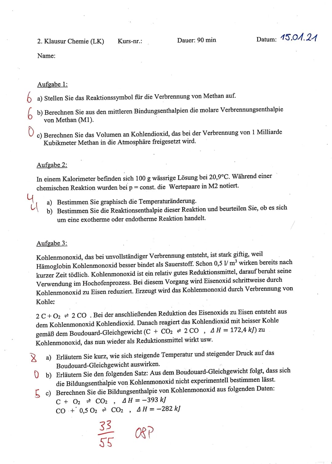 2. Klausur Chemie (LK)
Name:
Kurs-nr.:
Aufgabe 1:
6a) Stellen Sie das Reaktionssymbol für die Verbrennung von Methan auf.
Dauer: 90 min
b) B