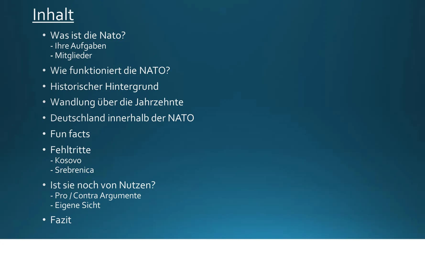 Pey
DIE NATO
Ist sie heute noch von Nutzen oder unnötig?
CANADA
UNITED
KINGDOM
FINLAND
FRANCE
BELARUS
UKRAINE Inhalt
Was ist die Nato?
- Ihr