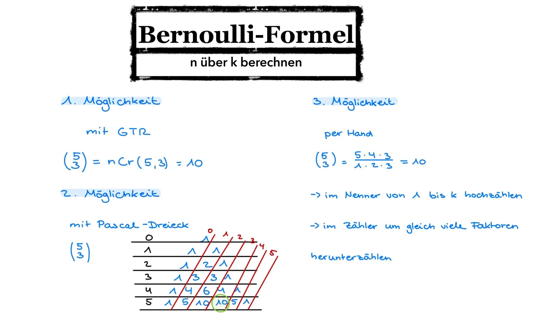 Binominalverteilung
Bernoulli Formel /μ und o/ o-Regeln und Diagramme Inhaltsverzeichnis
• Bernoulli-Formel
Formel + Bedeutung der Parameter