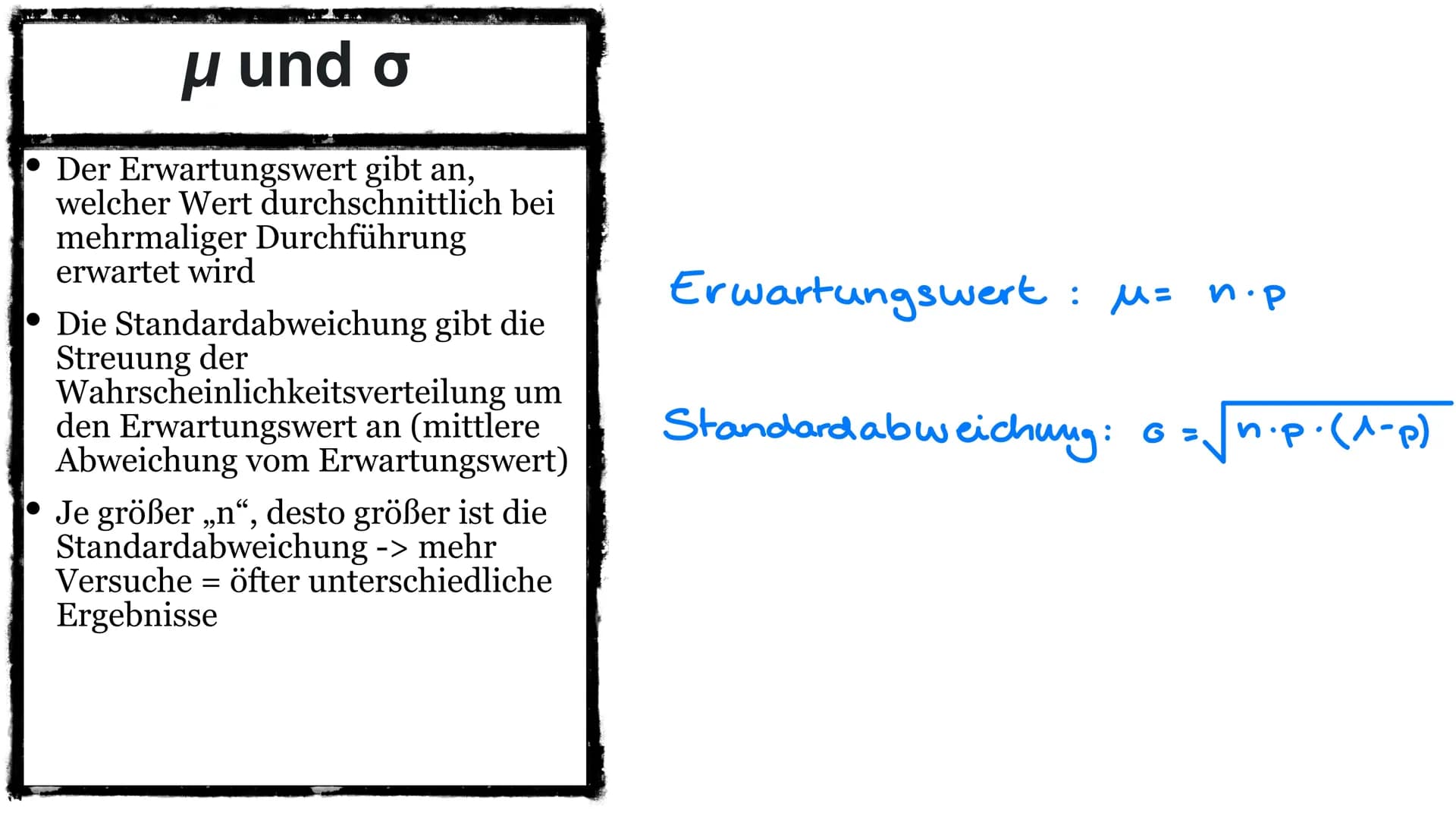 Binominalverteilung
Bernoulli Formel /μ und o/ o-Regeln und Diagramme Inhaltsverzeichnis
• Bernoulli-Formel
Formel + Bedeutung der Parameter