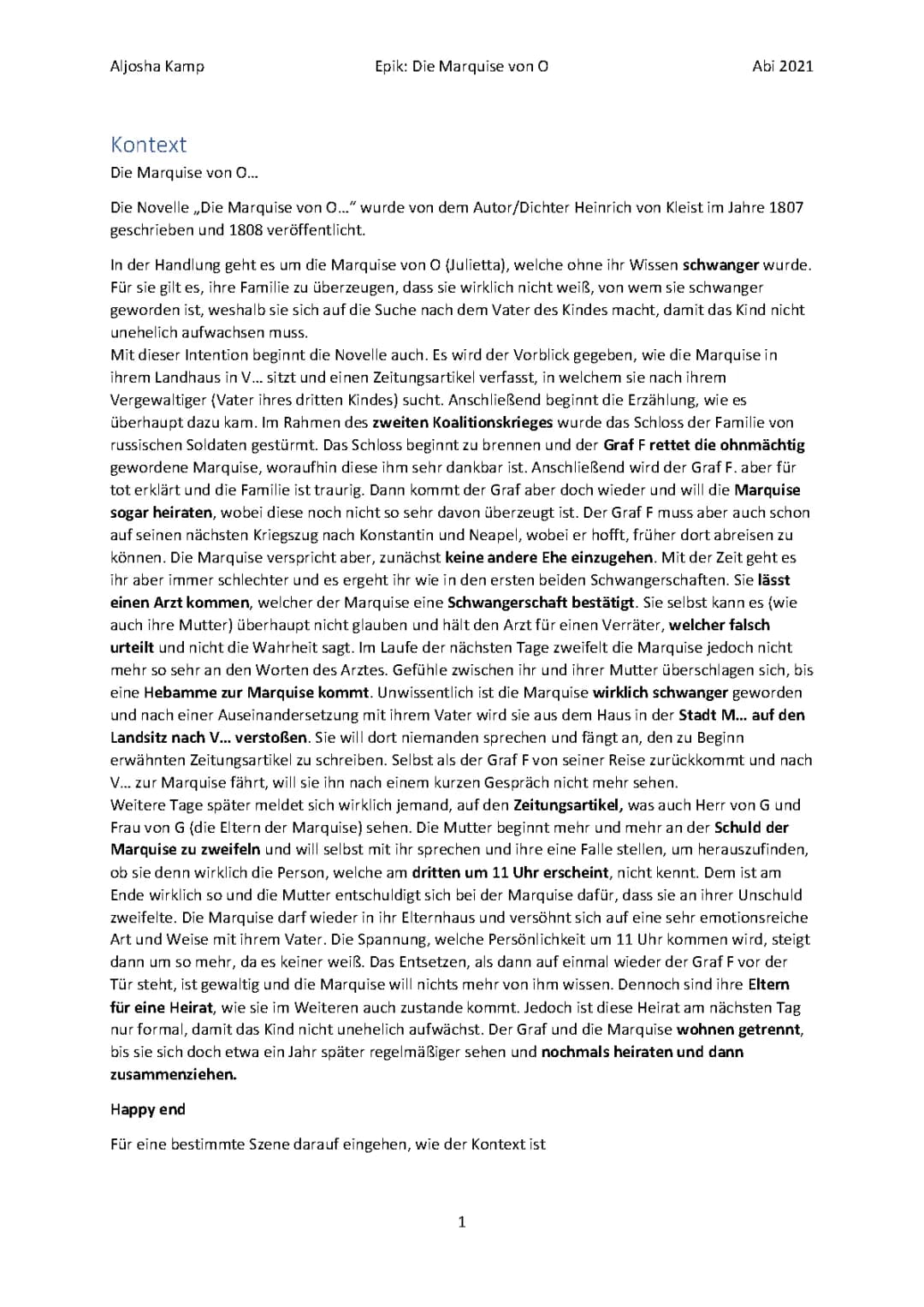 Die Marquise von O... - Zusammenfassung und Charakterisierung
