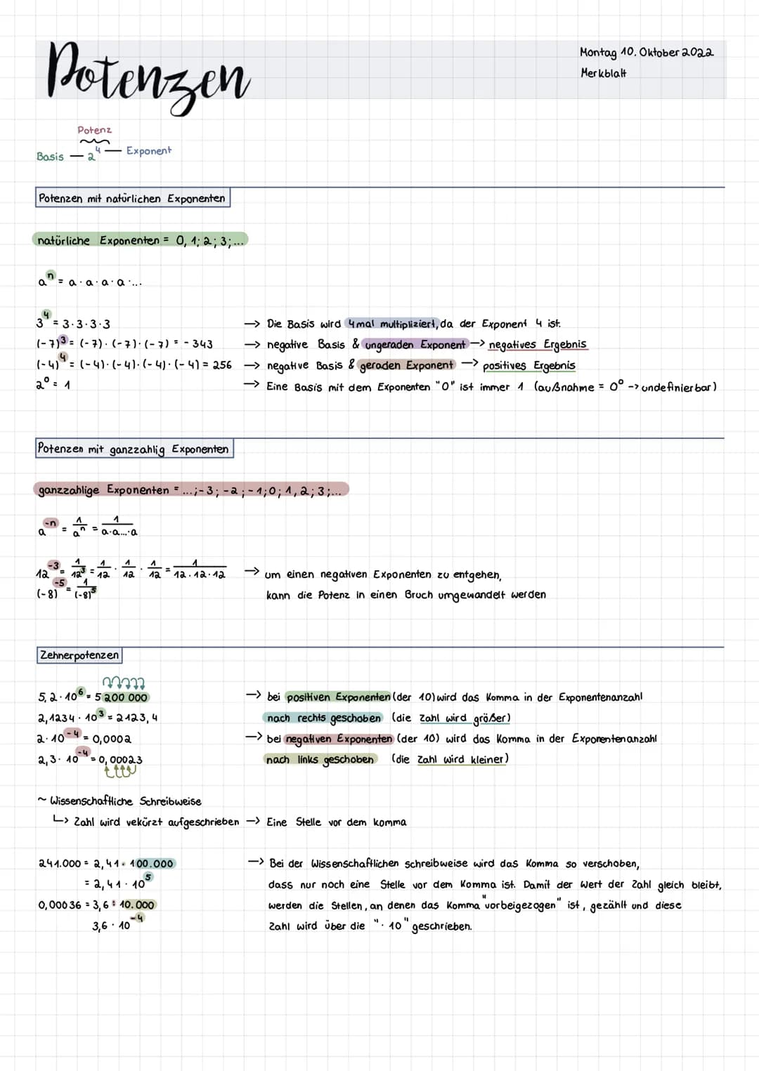 Potenzen
Basis -2
Potenzen mit natürlichen Exponenten
natürliche Exponenten = 0, 1; 2; 3;...
4
Potenz
an=a·a·a·a.....
(-7)3= (-7)(-7)-(-7)=-