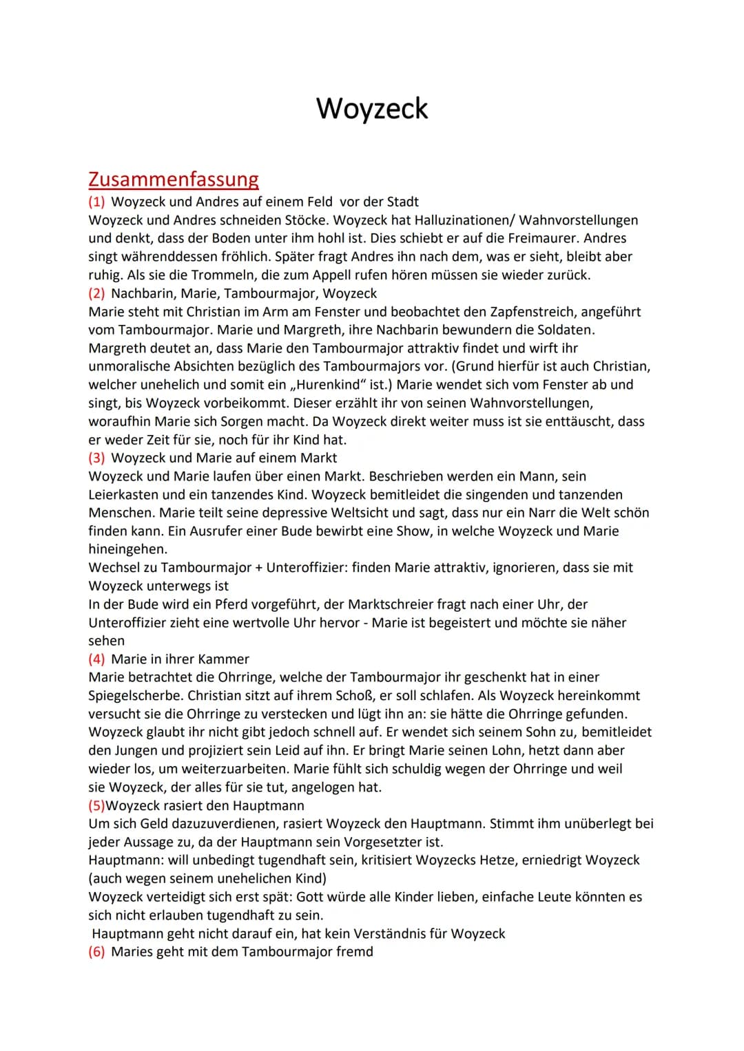 Woyzeck
Zusammenfassung
(1) Woyzeck und Andres auf einem Feld vor der Stadt
Woyzeck und Andres schneiden Stöcke. Woyzeck hat Halluzinationen