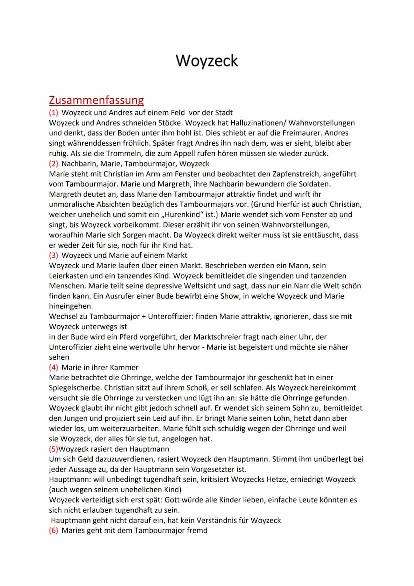 Woyzeck
Zusammenfassung
(1) Woyzeck und Andres auf einem Feld vor der Stadt
Woyzeck und Andres schneiden Stöcke. Woyzeck hat Halluzinationen