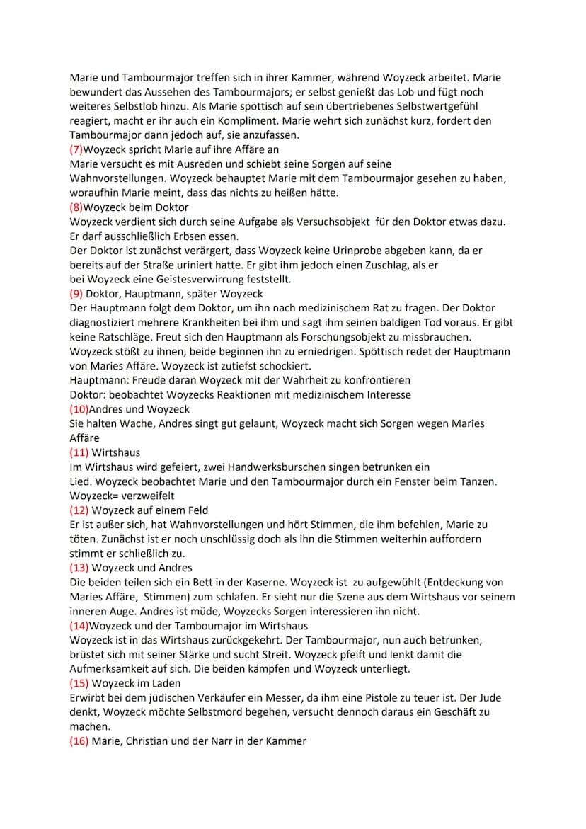 Woyzeck
Zusammenfassung
(1) Woyzeck und Andres auf einem Feld vor der Stadt
Woyzeck und Andres schneiden Stöcke. Woyzeck hat Halluzinationen
