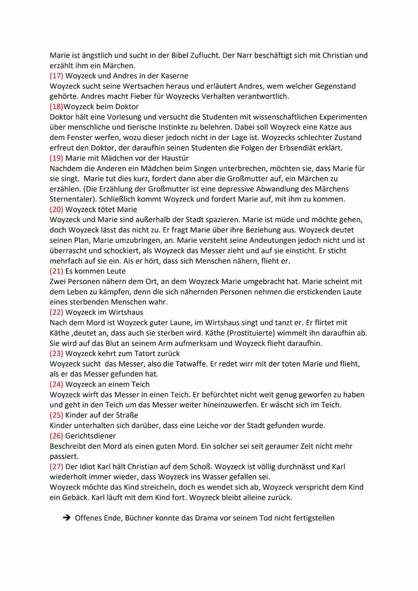 Woyzeck
Zusammenfassung
(1) Woyzeck und Andres auf einem Feld vor der Stadt
Woyzeck und Andres schneiden Stöcke. Woyzeck hat Halluzinationen