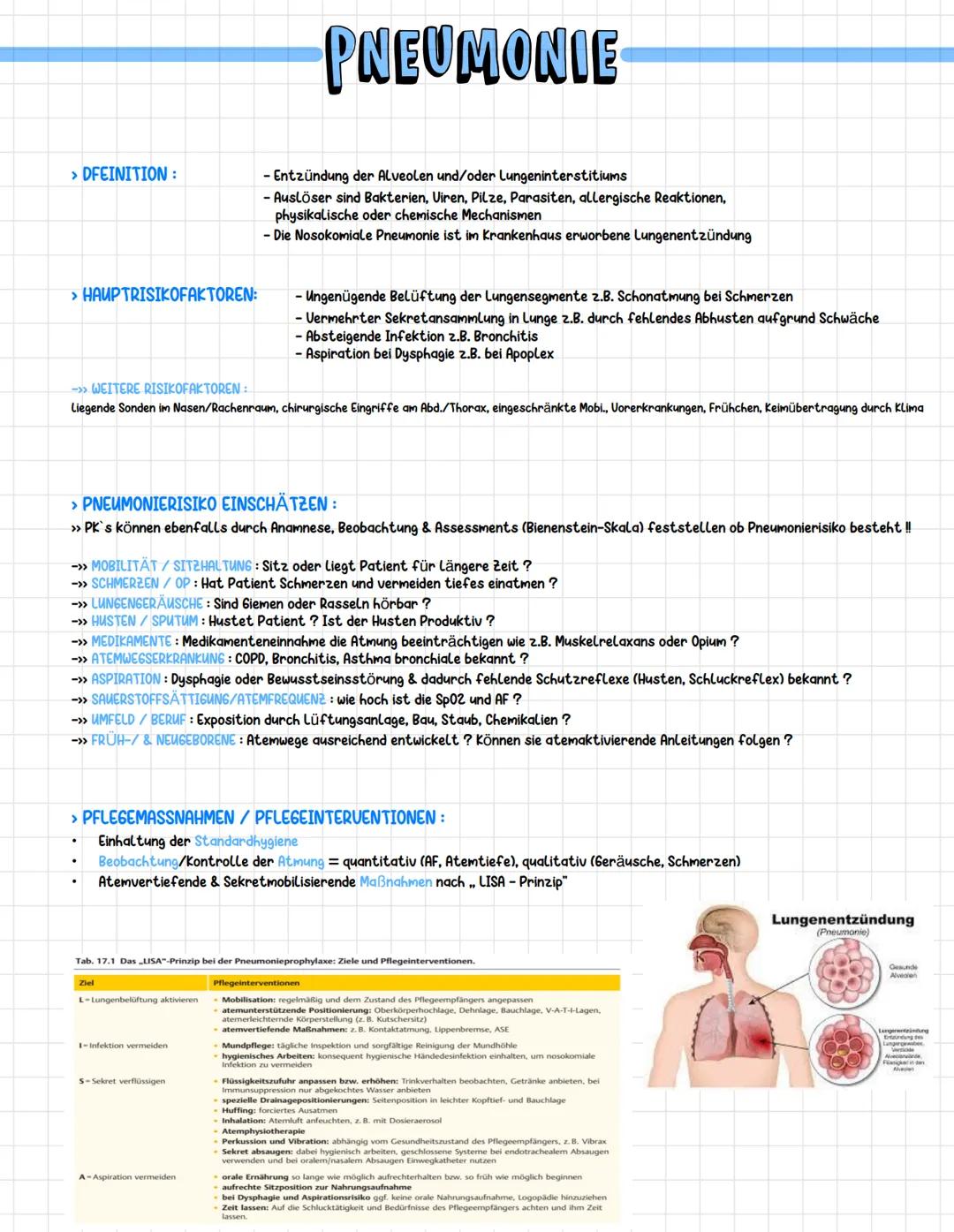 > DFEINITION:
> HAUPTRISIKOFAKTOREN:
->> WEITERE RISIKOFAKTOREN:
Liege Sonden im Nasen/Rachenraum, chirur che
PNEUMONIE
> PNEUMONIERISIKO EI