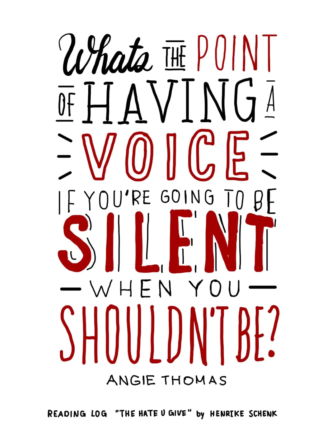 Whats THE POINT
OF HAVING A
VOICE
IF YOU'RE GOING TO BE
SILENT
SHOULDN'T BE?
WHEN YOU -
ANGIE THOMAS
READING LOG "THE HATE U GIVE" by HENRIK