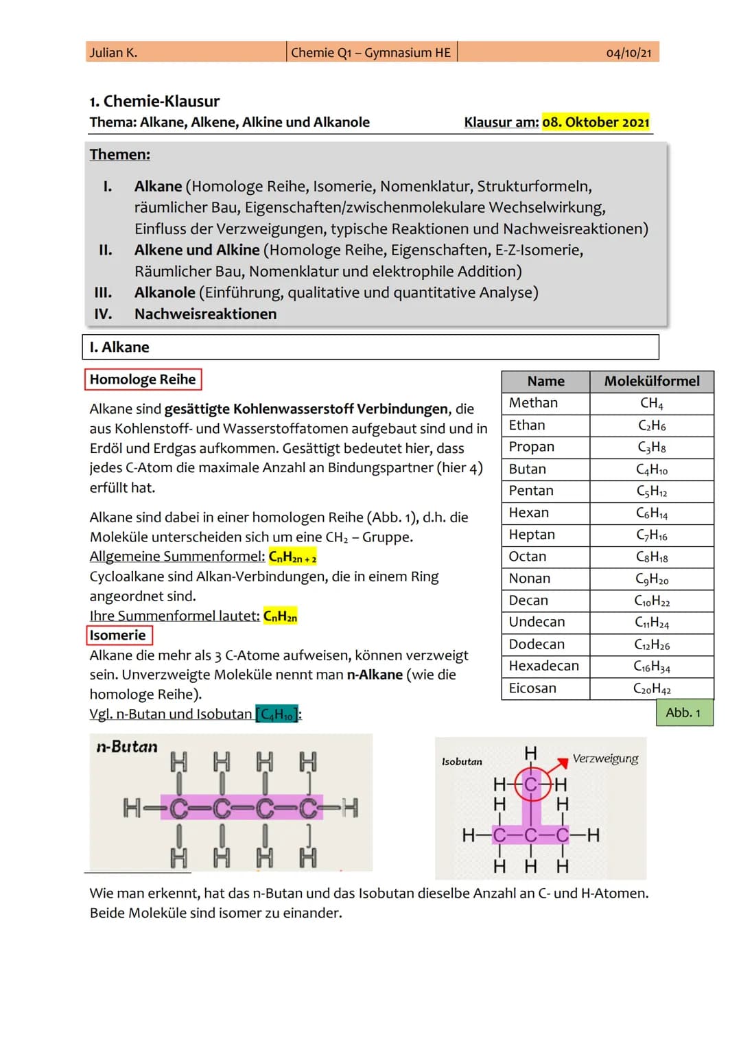 Julian K.
1. Chemie-Klausur
Thema: Alkane, Alkene, Alkine und Alkanole
Themen:
I.
II.
III.
IV.
Chemie Q1-Gymnasium HE
I. Alkane
Alkane (Homo