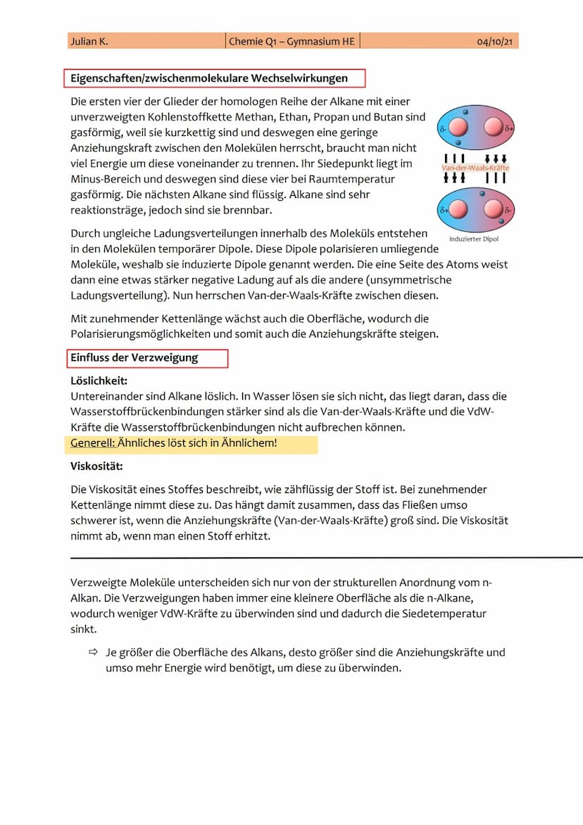 Julian K.
1. Chemie-Klausur
Thema: Alkane, Alkene, Alkine und Alkanole
Themen:
I.
II.
III.
IV.
Chemie Q1-Gymnasium HE
I. Alkane
Alkane (Homo