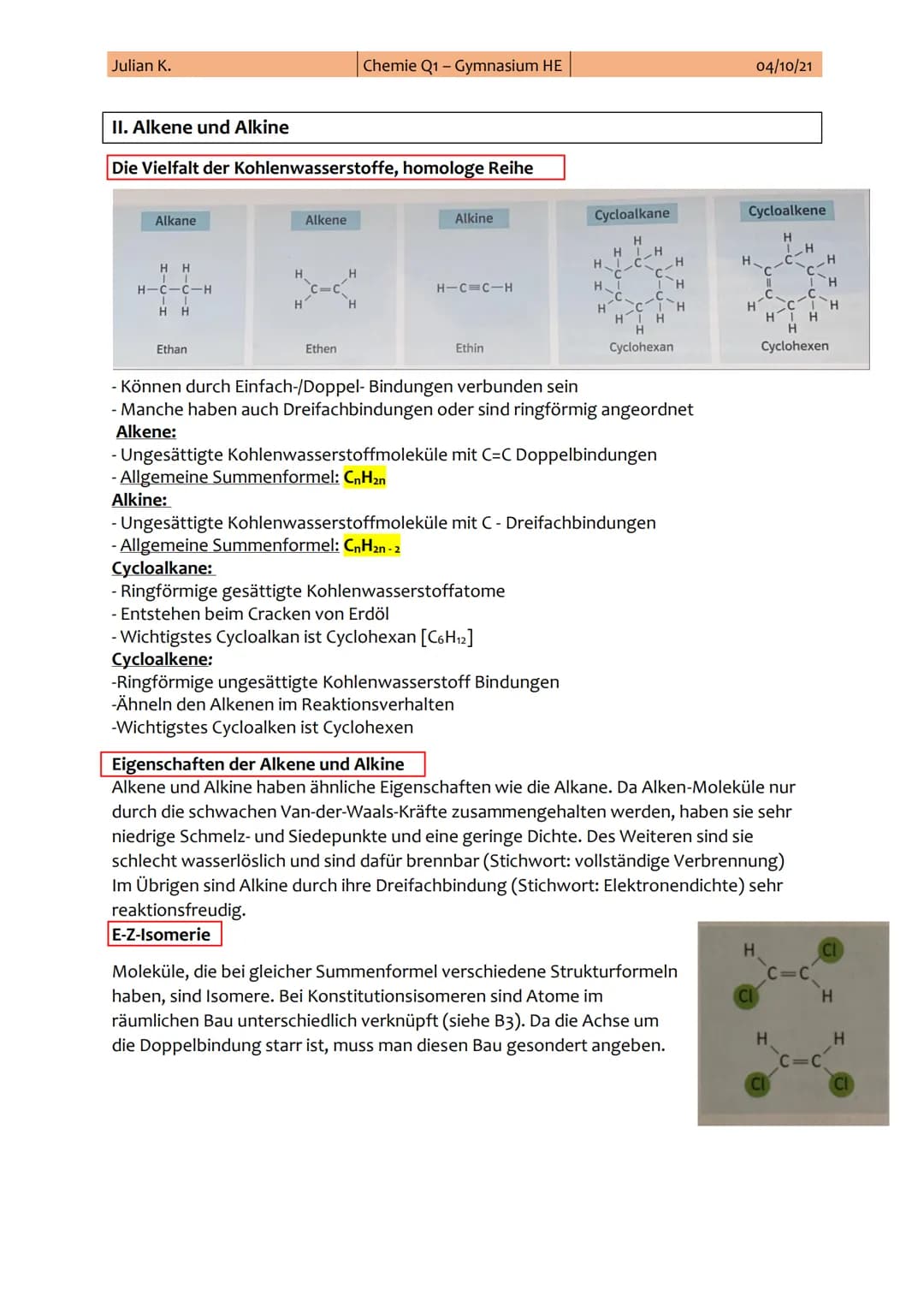 Julian K.
1. Chemie-Klausur
Thema: Alkane, Alkene, Alkine und Alkanole
Themen:
I.
II.
III.
IV.
Chemie Q1-Gymnasium HE
I. Alkane
Alkane (Homo