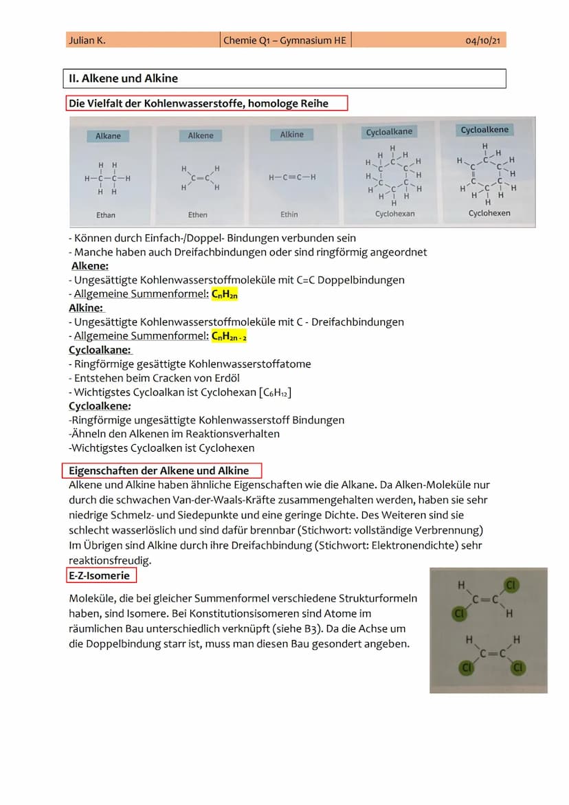 Julian K.
1. Chemie-Klausur
Thema: Alkane, Alkene, Alkine und Alkanole
Themen:
I.
II.
III.
IV.
Chemie Q1-Gymnasium HE
I. Alkane
Alkane (Homo