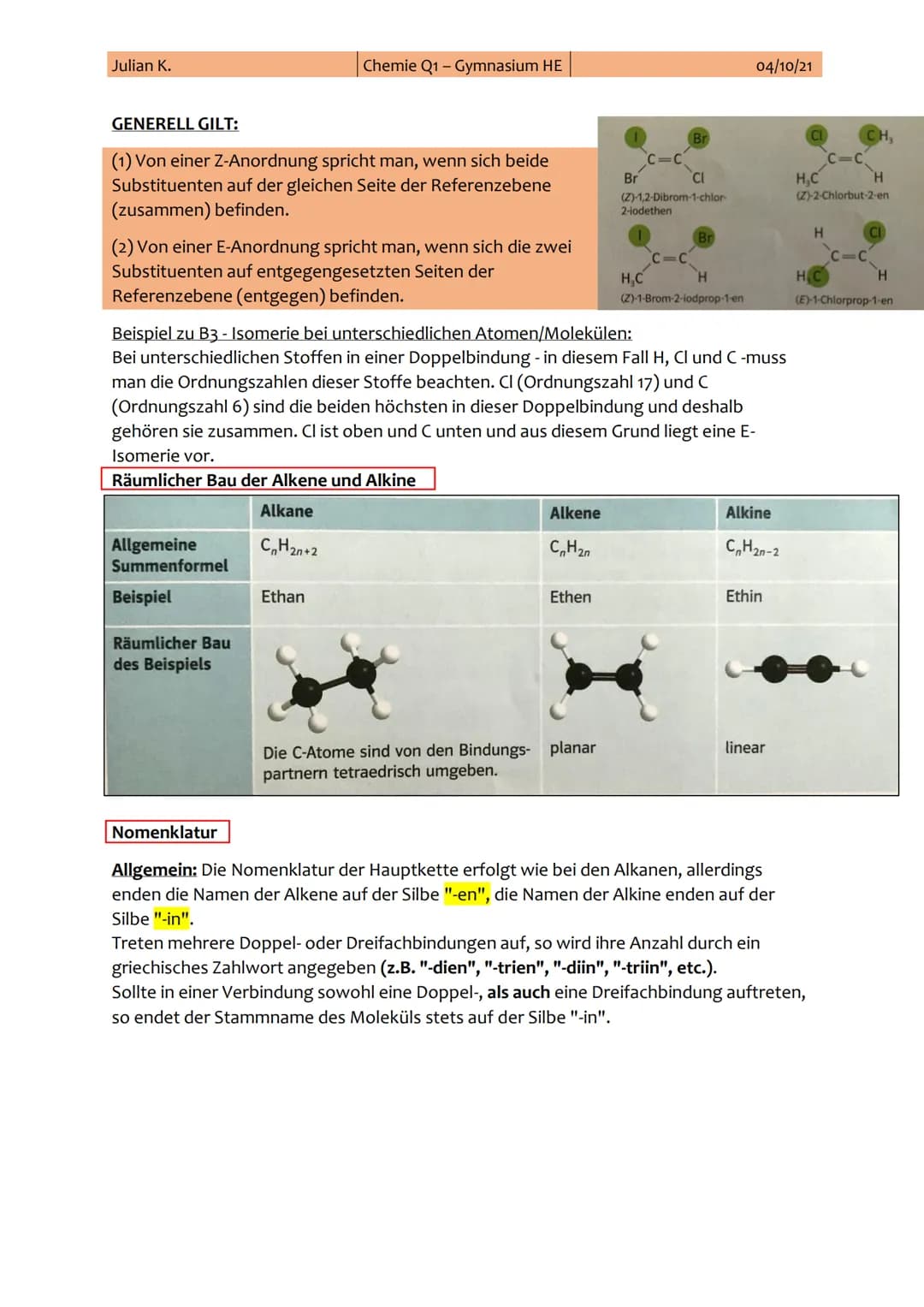 Julian K.
1. Chemie-Klausur
Thema: Alkane, Alkene, Alkine und Alkanole
Themen:
I.
II.
III.
IV.
Chemie Q1-Gymnasium HE
I. Alkane
Alkane (Homo