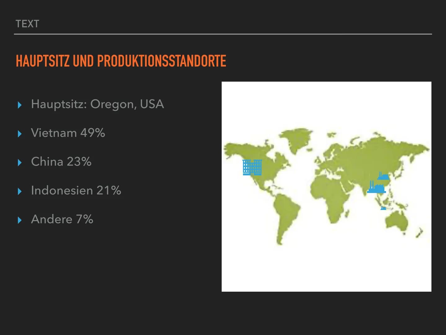 GLOBAL PLAYER
NIKE TEXT
GLIEDERUNG
▸ Information (Konzern und Produkte).
▸ Hauptsitz und Produktionsstandorte.
▸ Globale Warenströmung.
▸ En