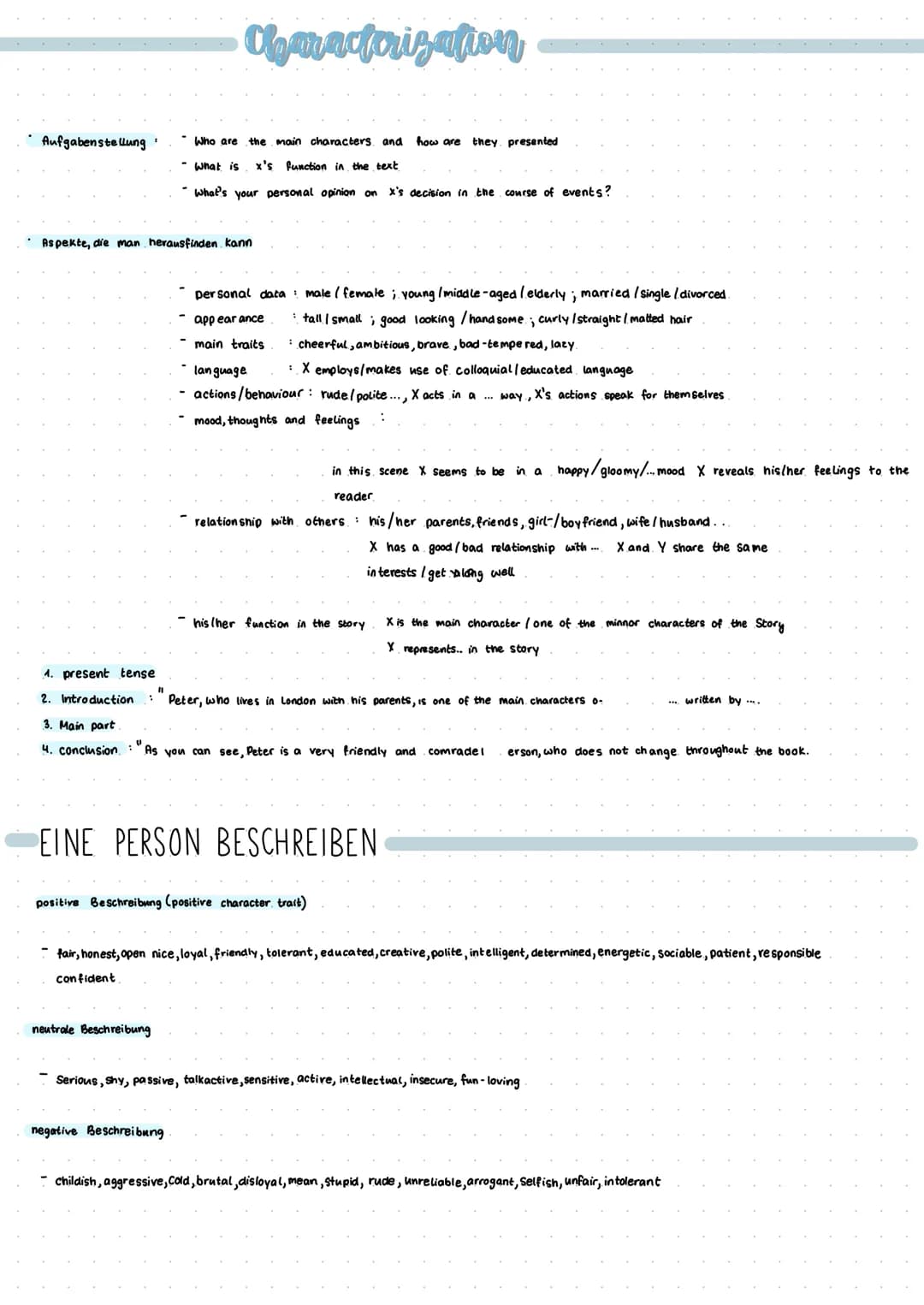 Aufgabenstellung
1. present tense
2. Introduction
Aspekte, die man herausfinden kann
11
Characterization
Who are the main characters and how