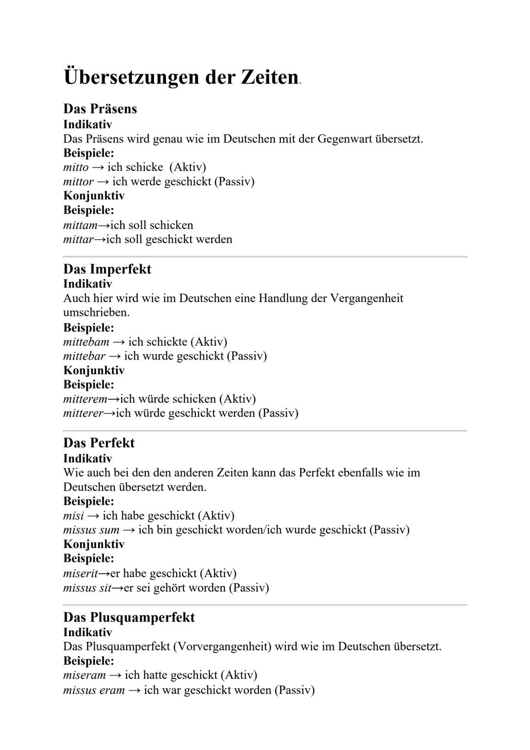 # Übersetzungen der Zeiten.

Das Präsens
Indikativ
Das Präsens wird genau wie im Deutschen mit der Gegenwart übersetzt.
Beispiele:
mitto ich