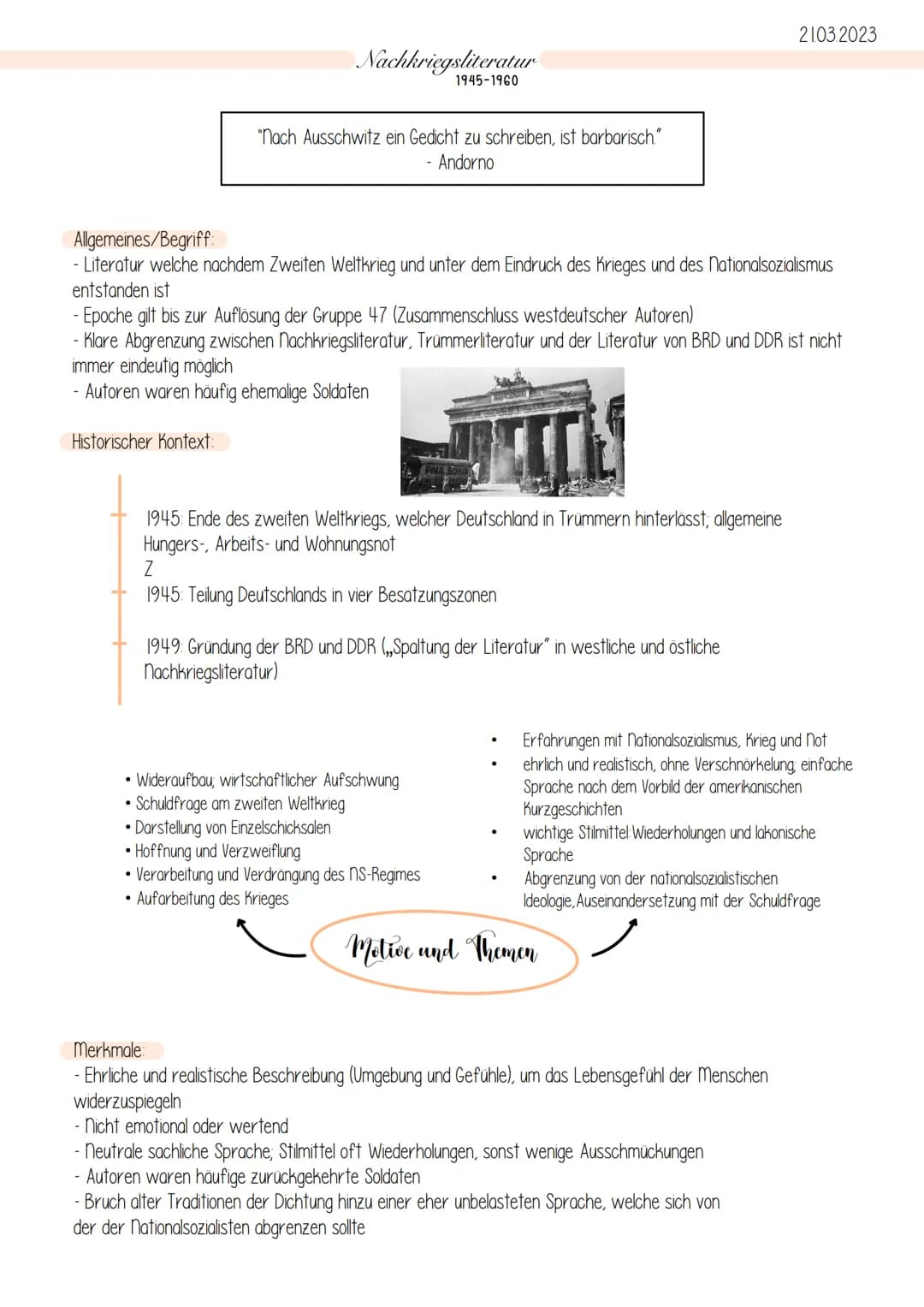 Nachkriegsliteratur
1945-1960
"Nach Ausschwitz ein Gedicht zu schreiben, ist barbarisch."
- Andorno
Allgemeines/Begriff:
- Literatur welche 