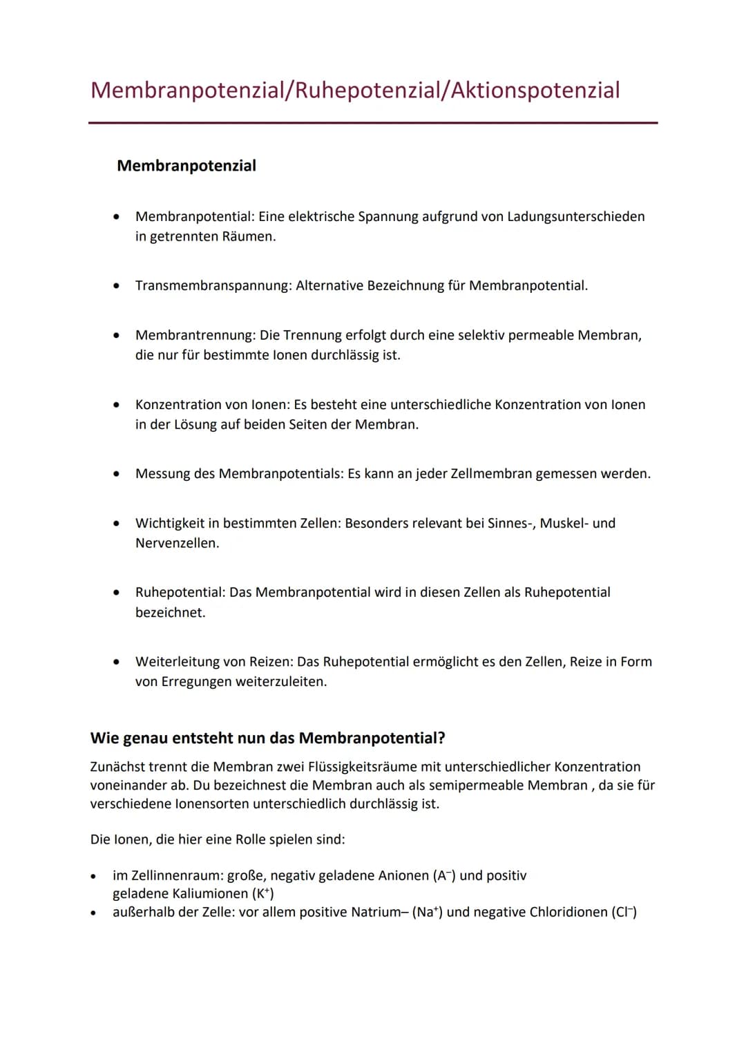 Membranpotenzial/Ruhepotenzial/Aktionspotenzial
●
Membranpotenzial
●
●
●
Membranpotential: Eine elektrische Spannung aufgrund von Ladungsunt
