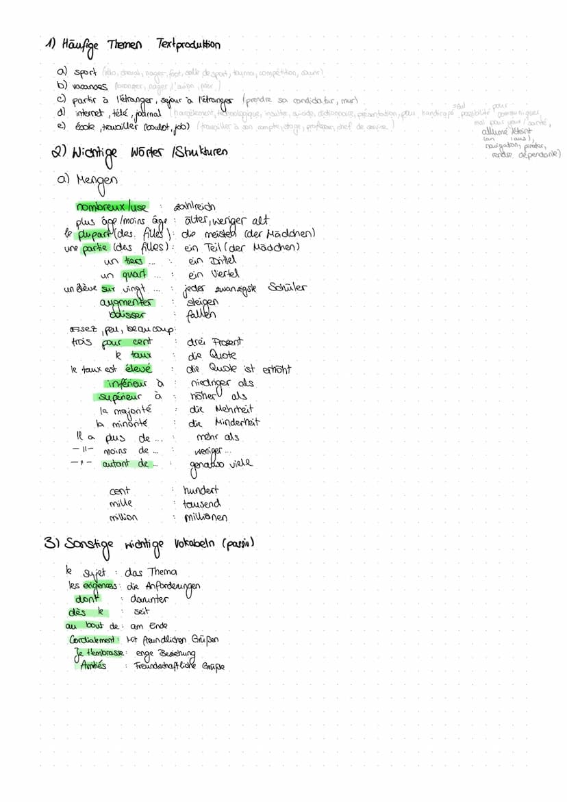 Häufige
Themen
Textproduktion
a) sport (vélo, chevall, nager, fost, salle de sport, toumoi, compétition, auric)
b) vacances (bronger, nager,