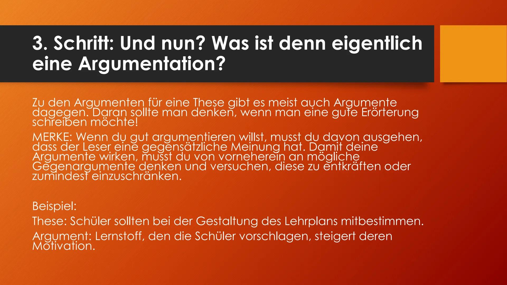 Argumentieren und
Erörtern
Sanduhrprinzip 1. Schritt: Das Thema erschließen
●
Worum geht es überhaupt?
Verstehe ich, was gemeint ist, was da