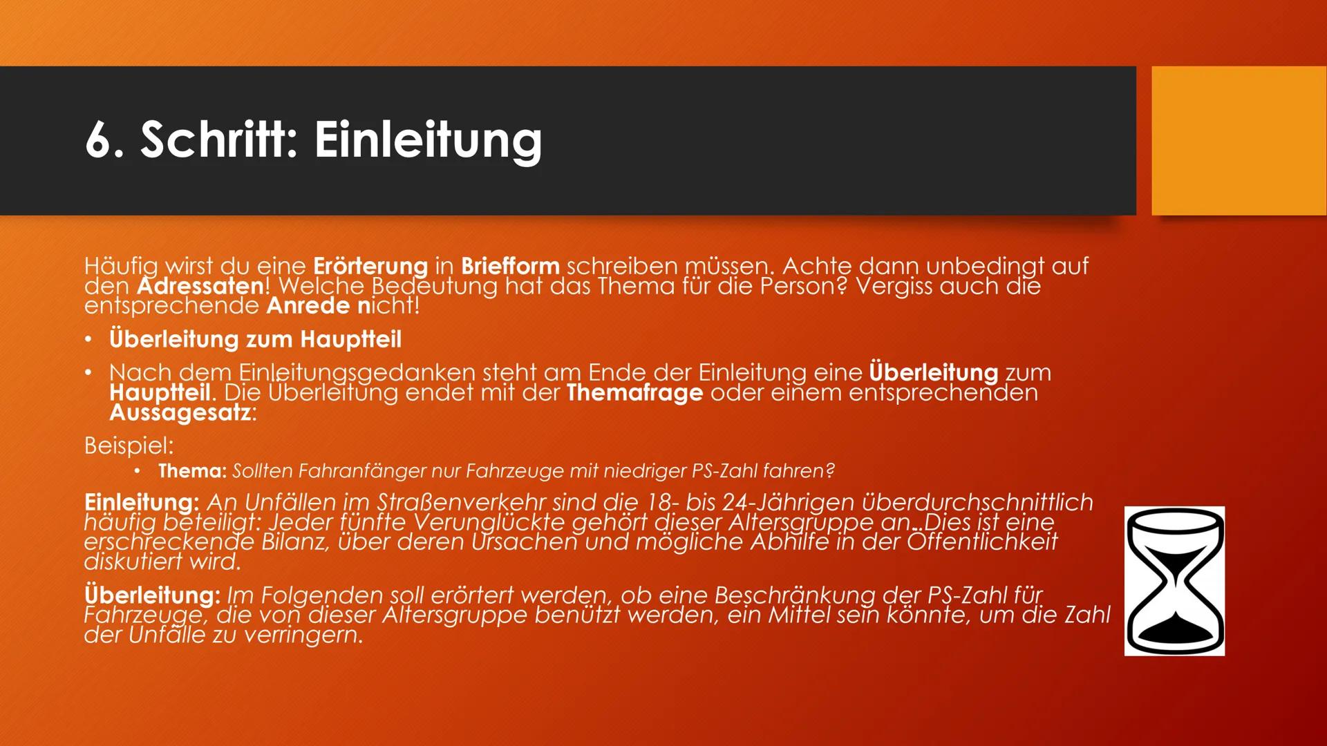 Argumentieren und
Erörtern
Sanduhrprinzip 1. Schritt: Das Thema erschließen
●
Worum geht es überhaupt?
Verstehe ich, was gemeint ist, was da