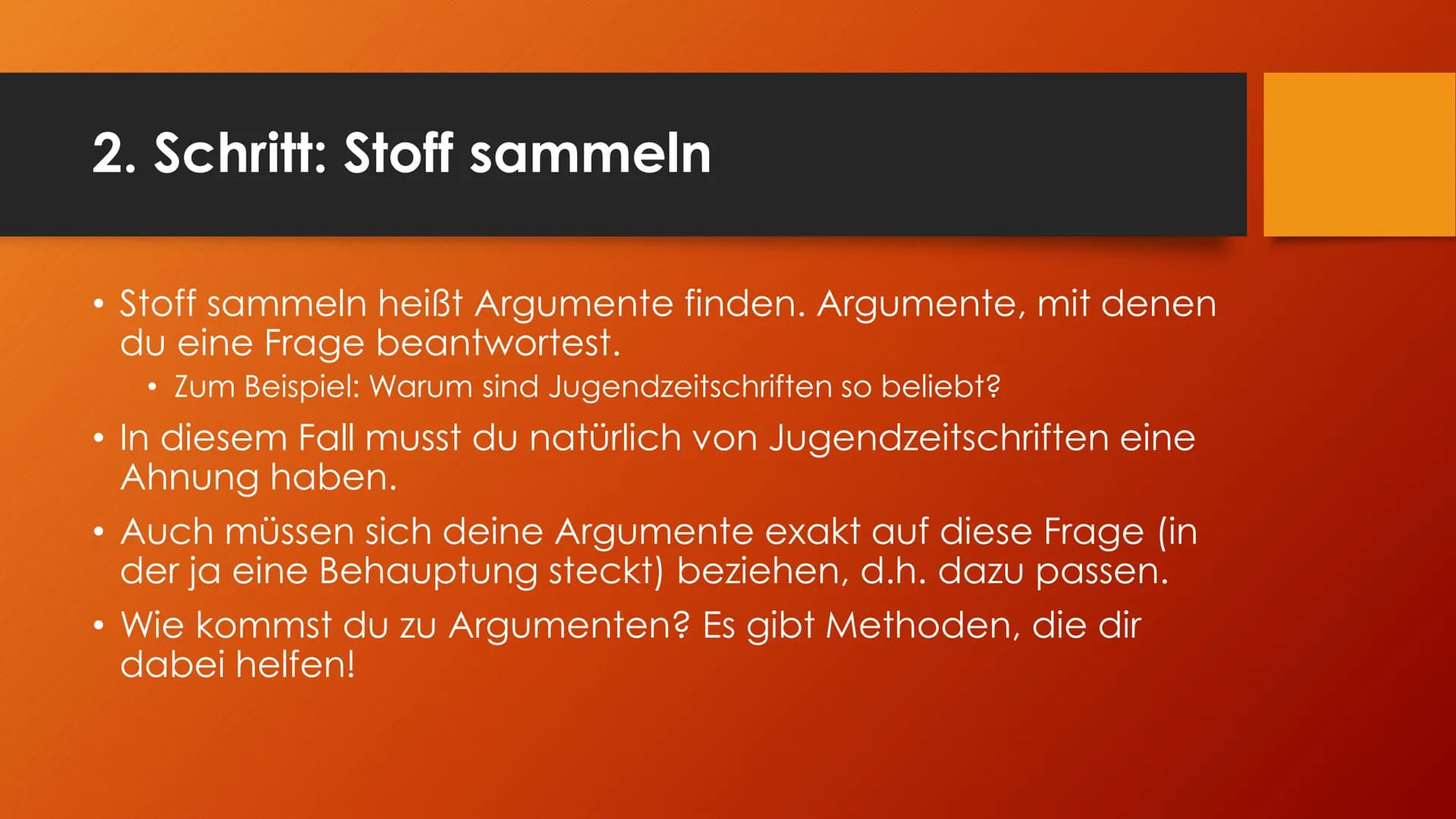 Argumentieren und
Erörtern
Sanduhrprinzip 1. Schritt: Das Thema erschließen
●
Worum geht es überhaupt?
Verstehe ich, was gemeint ist, was da